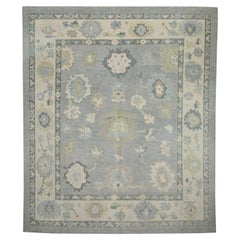 Handgewebter türkischer Oushak-Teppich aus Wolle in Blau & Grün mit Blumenmuster 8'3" x 9'7"