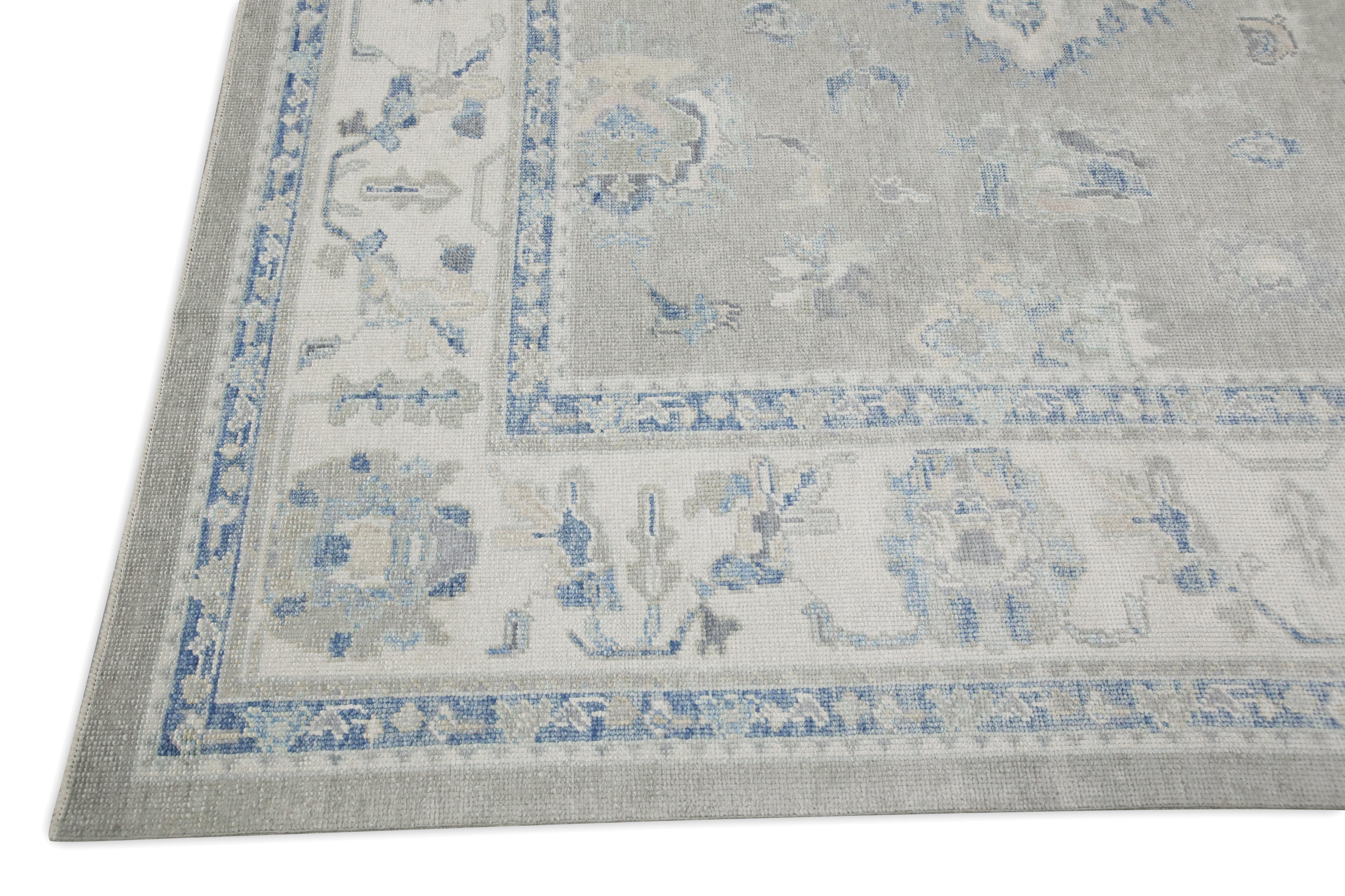 Vegetable Dyed Blue & Green Floral Design Handwoven Wool Turkish Oushak Rug 8'8