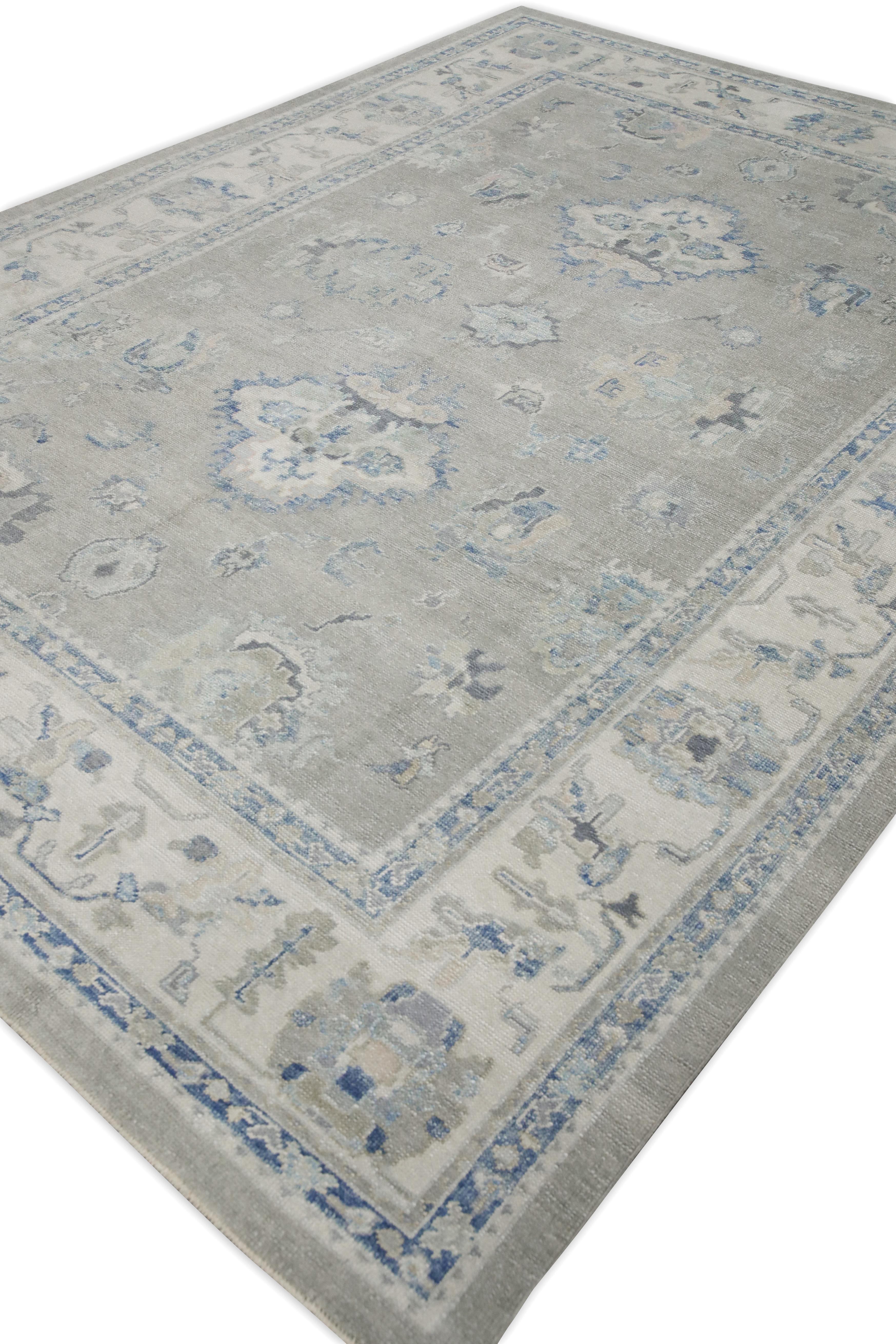 Contemporary Blue & Green Floral Design Handwoven Wool Turkish Oushak Rug 8'8