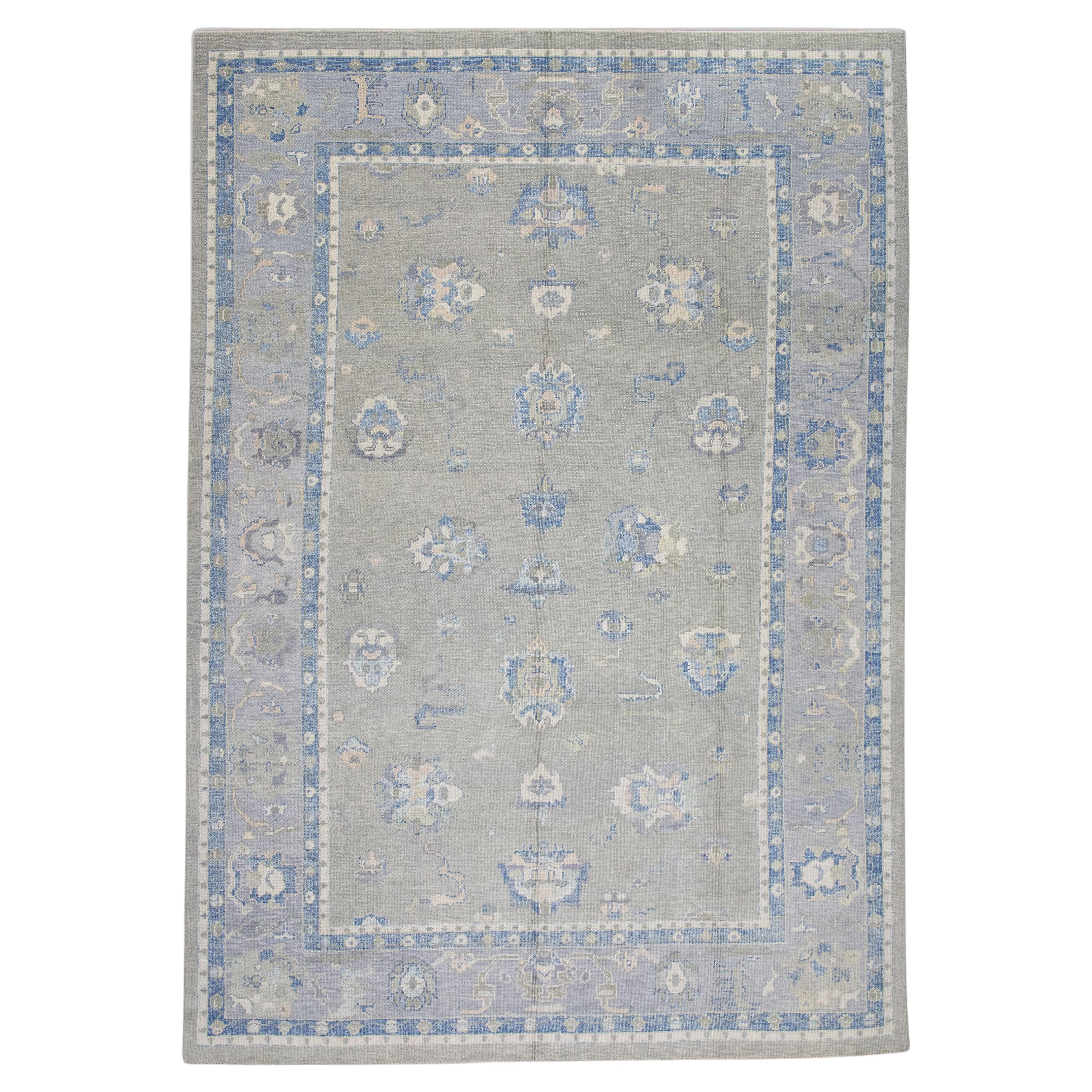 Handgewebter türkischer Oushak-Teppich aus Wolle in Blau & Grün mit Blumenmuster 9'4" X 11'8"
