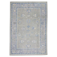 Handgewebter türkischer Oushak-Teppich aus Wolle in Blau & Grün mit Blumenmuster 9'4" X 11'8"
