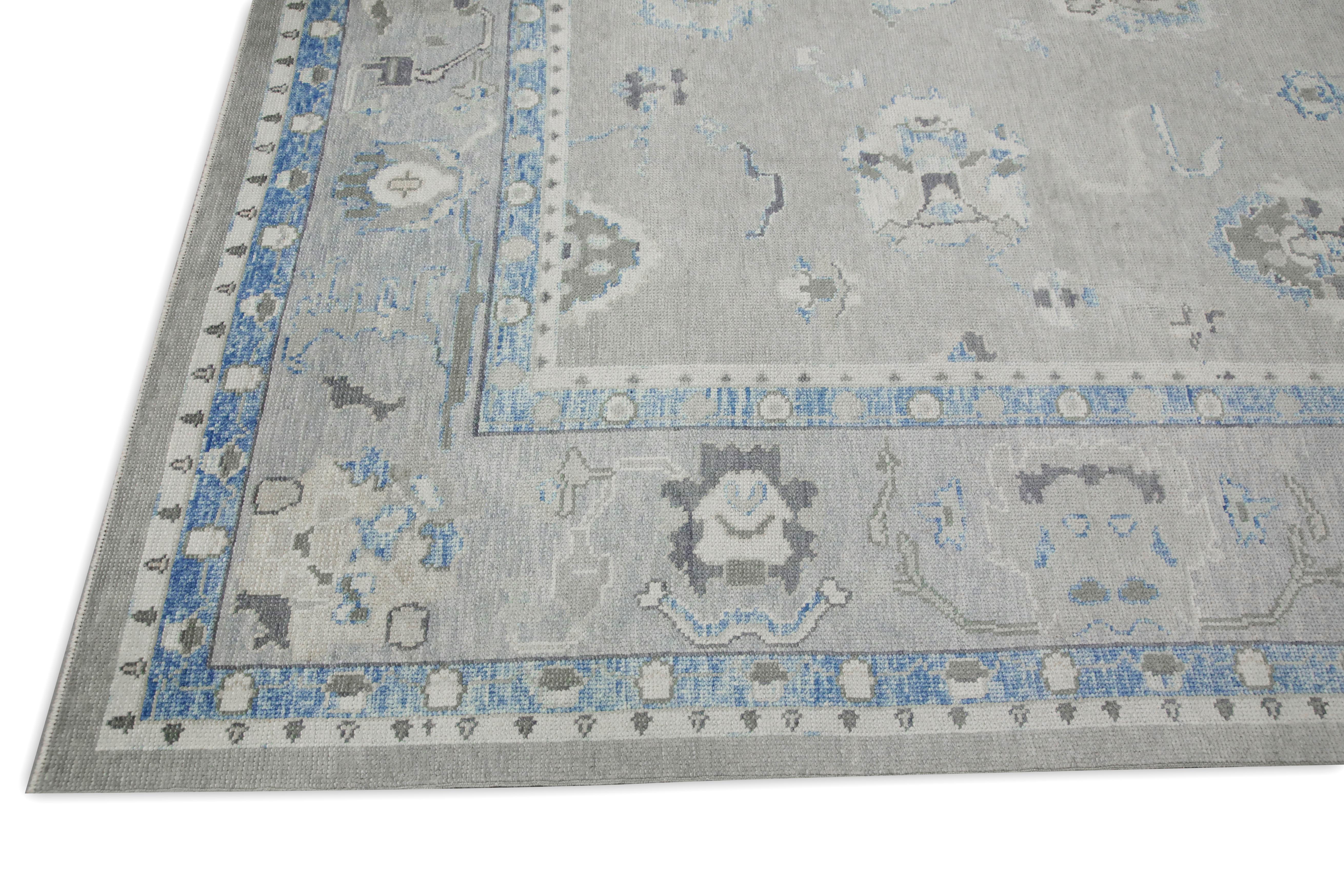 Vegetable Dyed Blue & Green Floral Design Handwoven Wool Turkish Oushak Rug 9'5