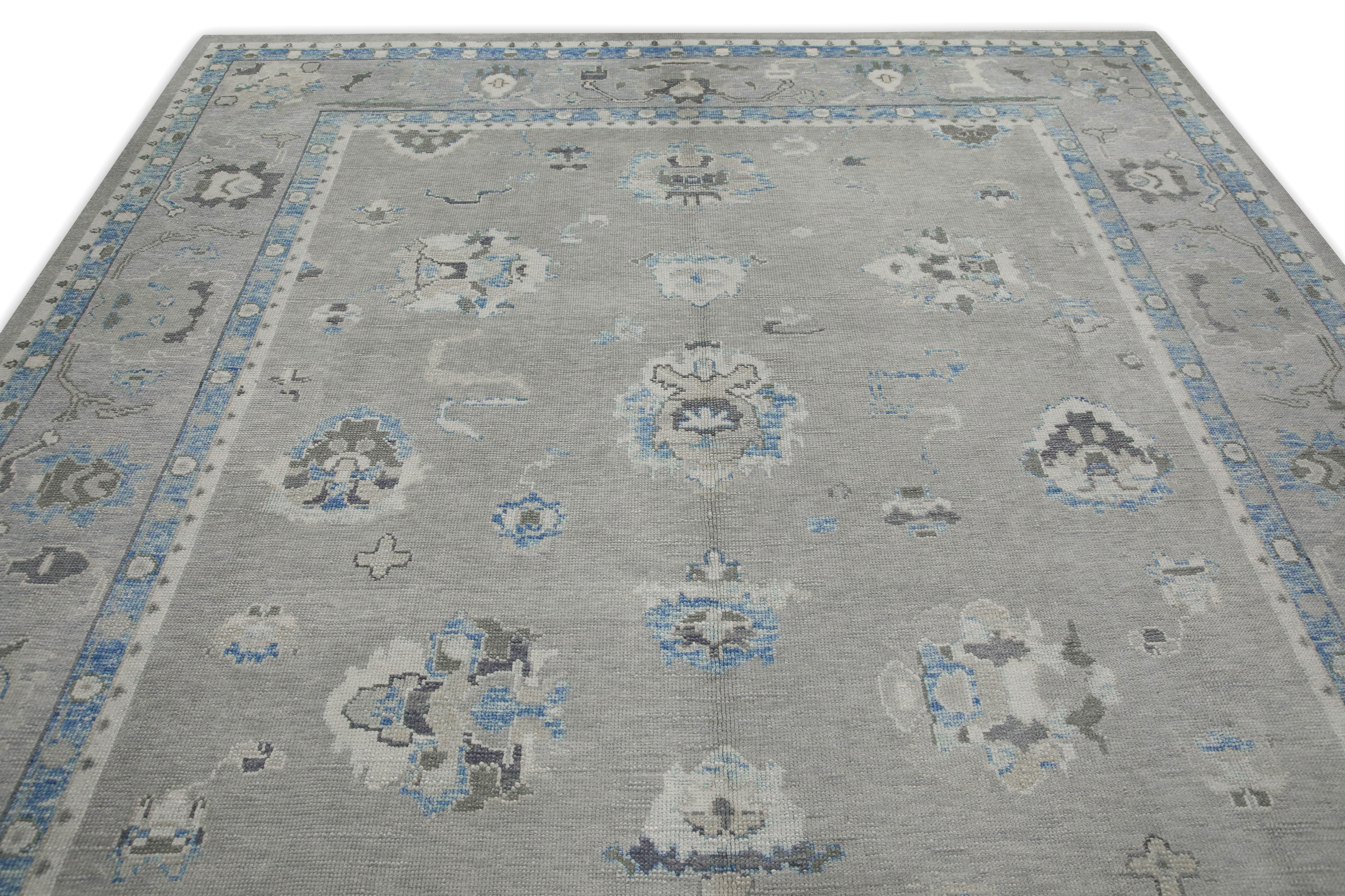 Blue & Green Floral Design Handwoven Wool Turkish Oushak Rug 9'5