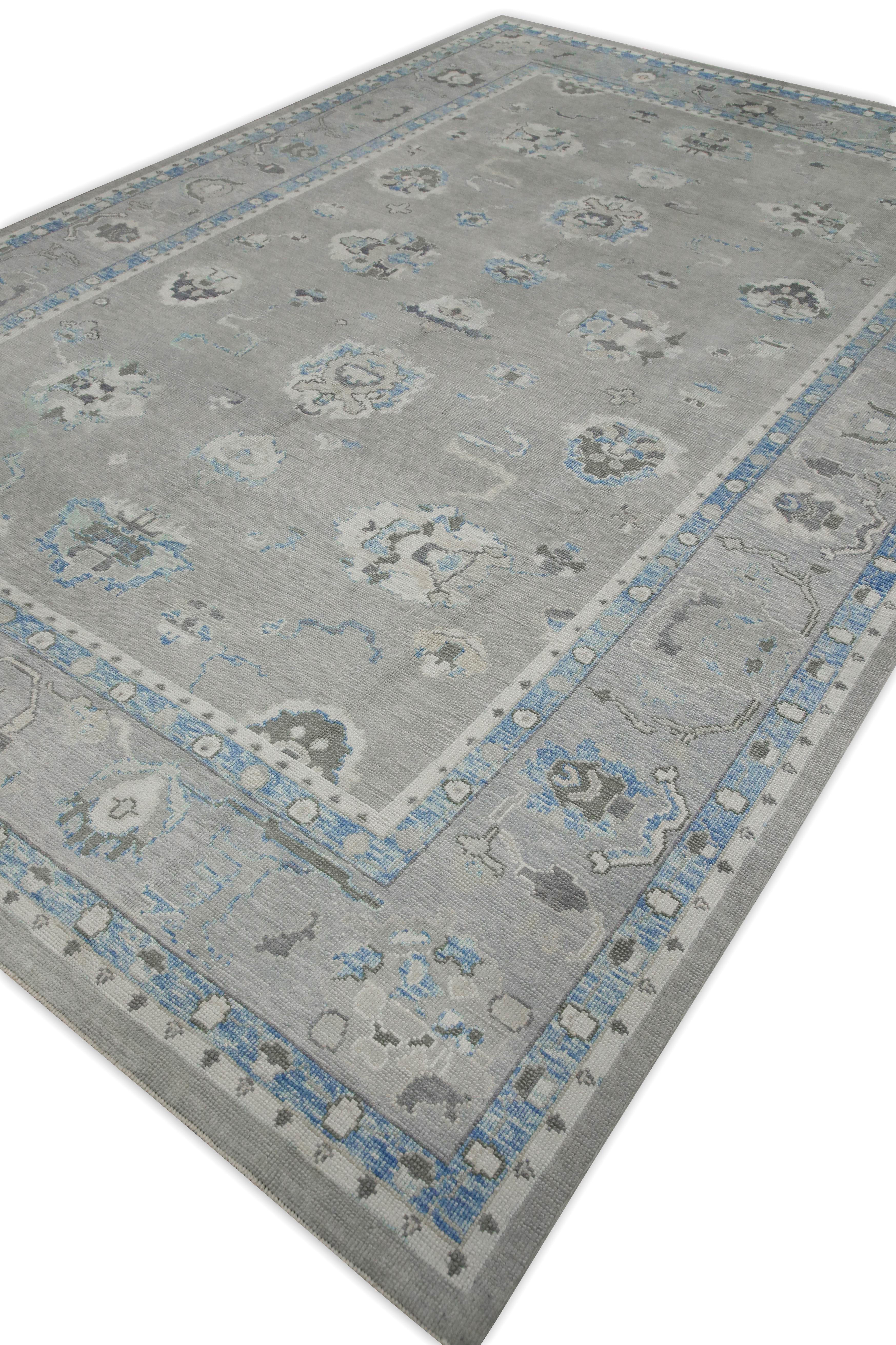 Contemporary Blue & Green Floral Design Handwoven Wool Turkish Oushak Rug 9'5
