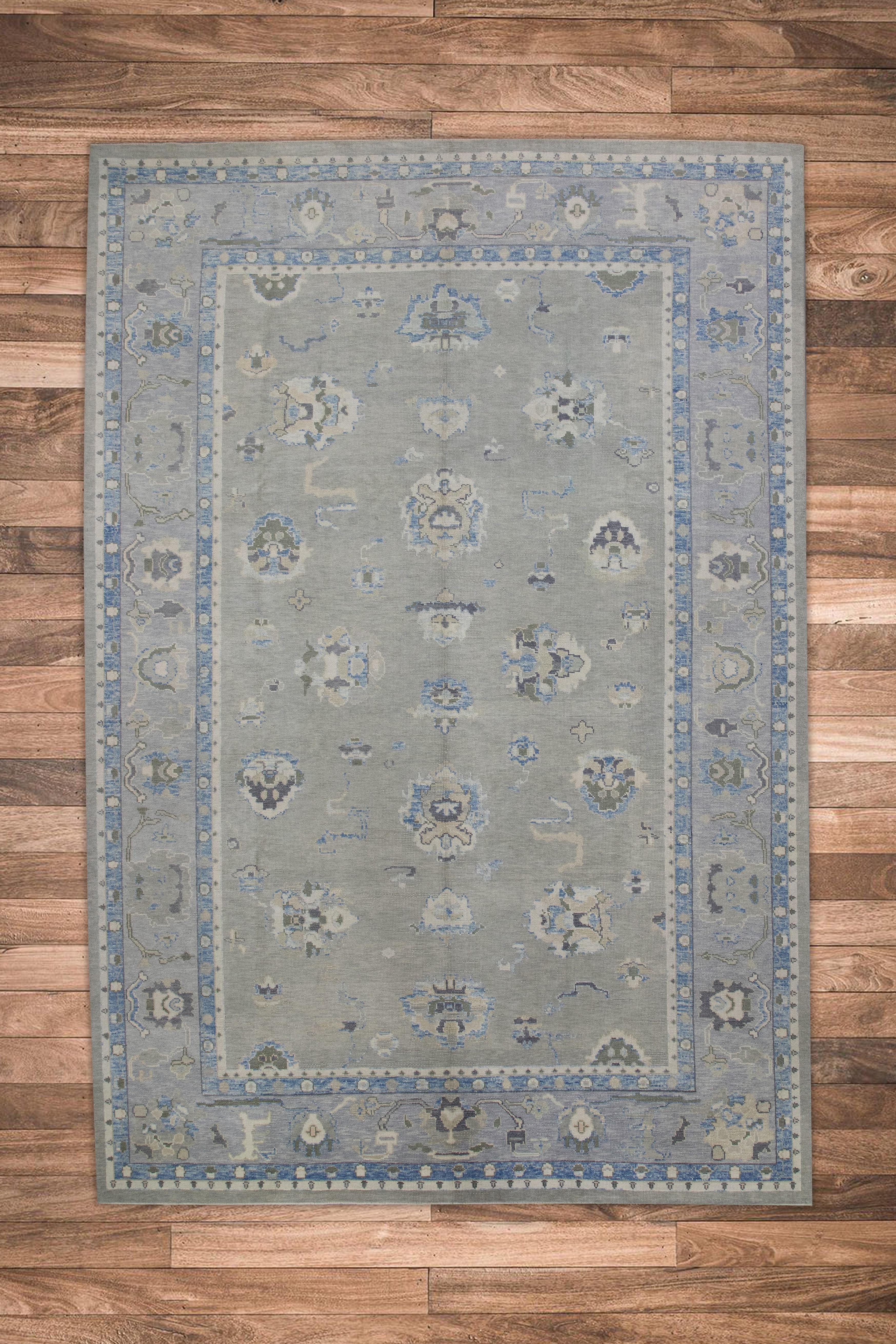 Blue & Green Floral Design Handwoven Wool Turkish Oushak Rug 9'5