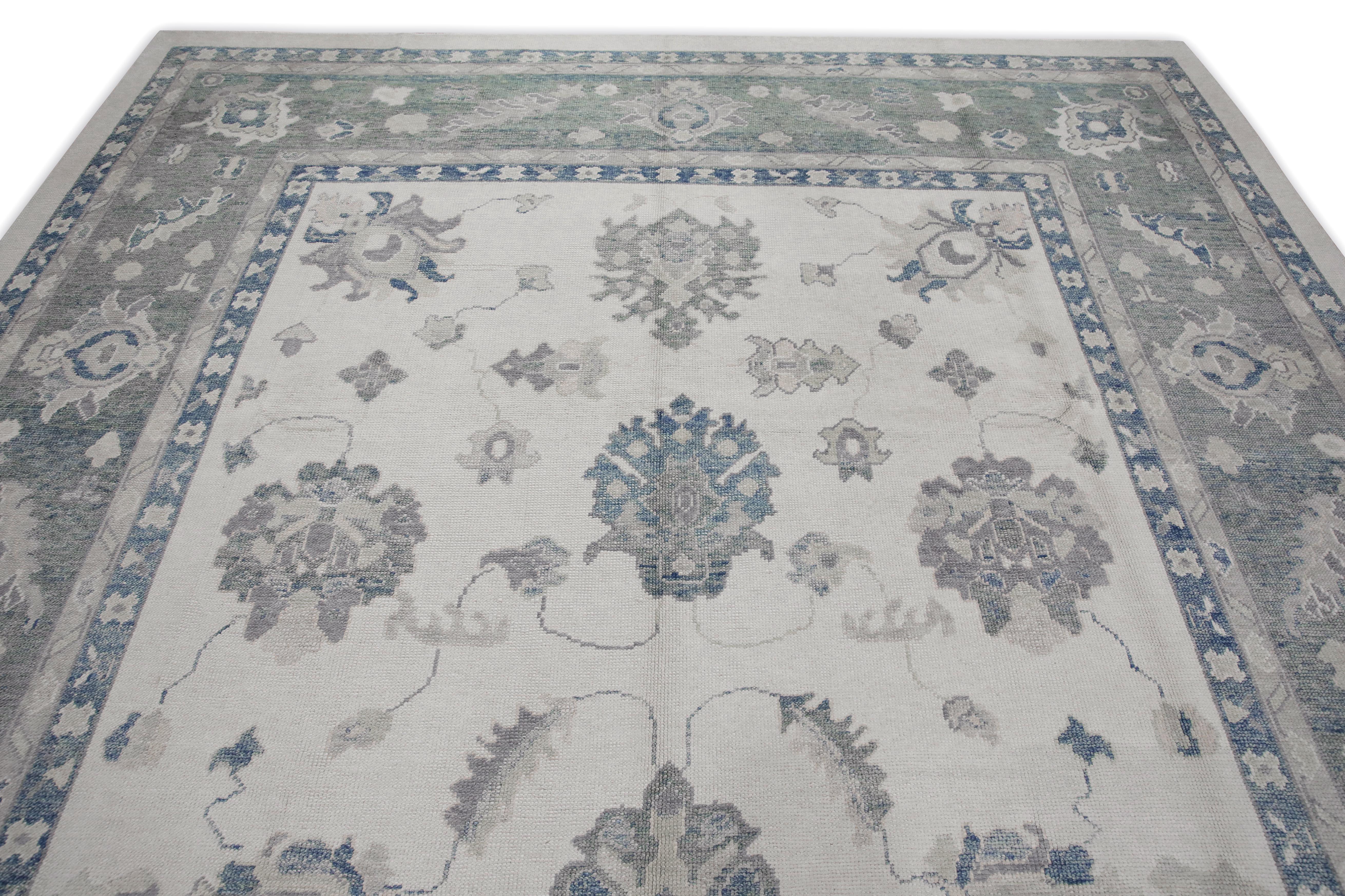 Handgewebter türkischer Oushak-Teppich aus Wolle in Blau & Grün mit Blumenmuster 9'6