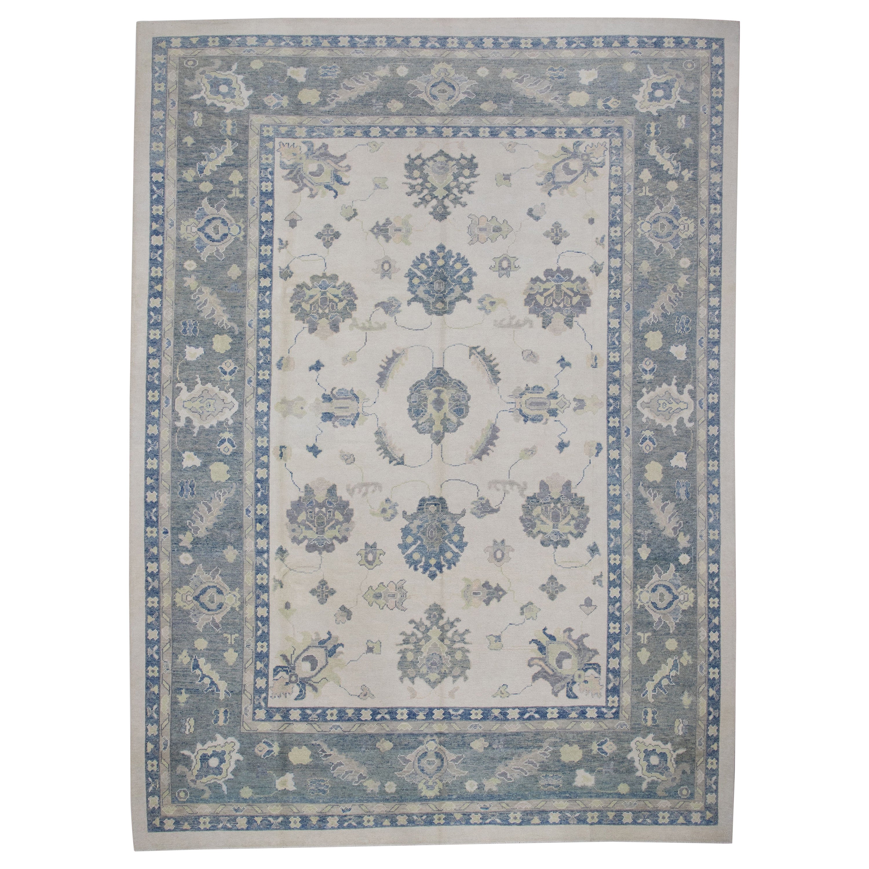 Handgewebter türkischer Oushak-Teppich aus Wolle in Blau & Grün mit Blumenmuster 9'6" X 13'10"