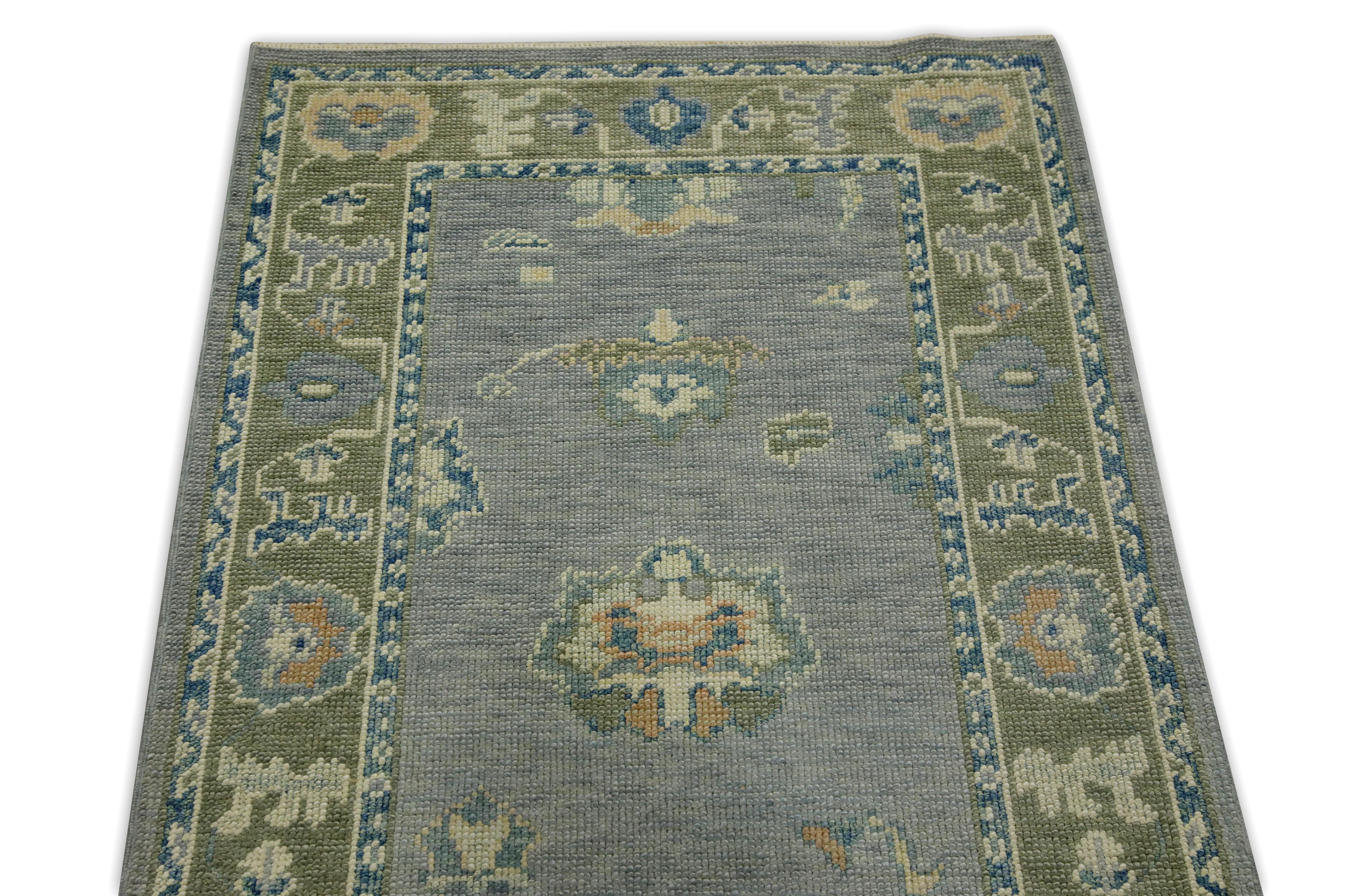 Blue & Green Floral Design Handwoven Wool Turkish Oushak Runner In New Condition For Sale In Houston, TX