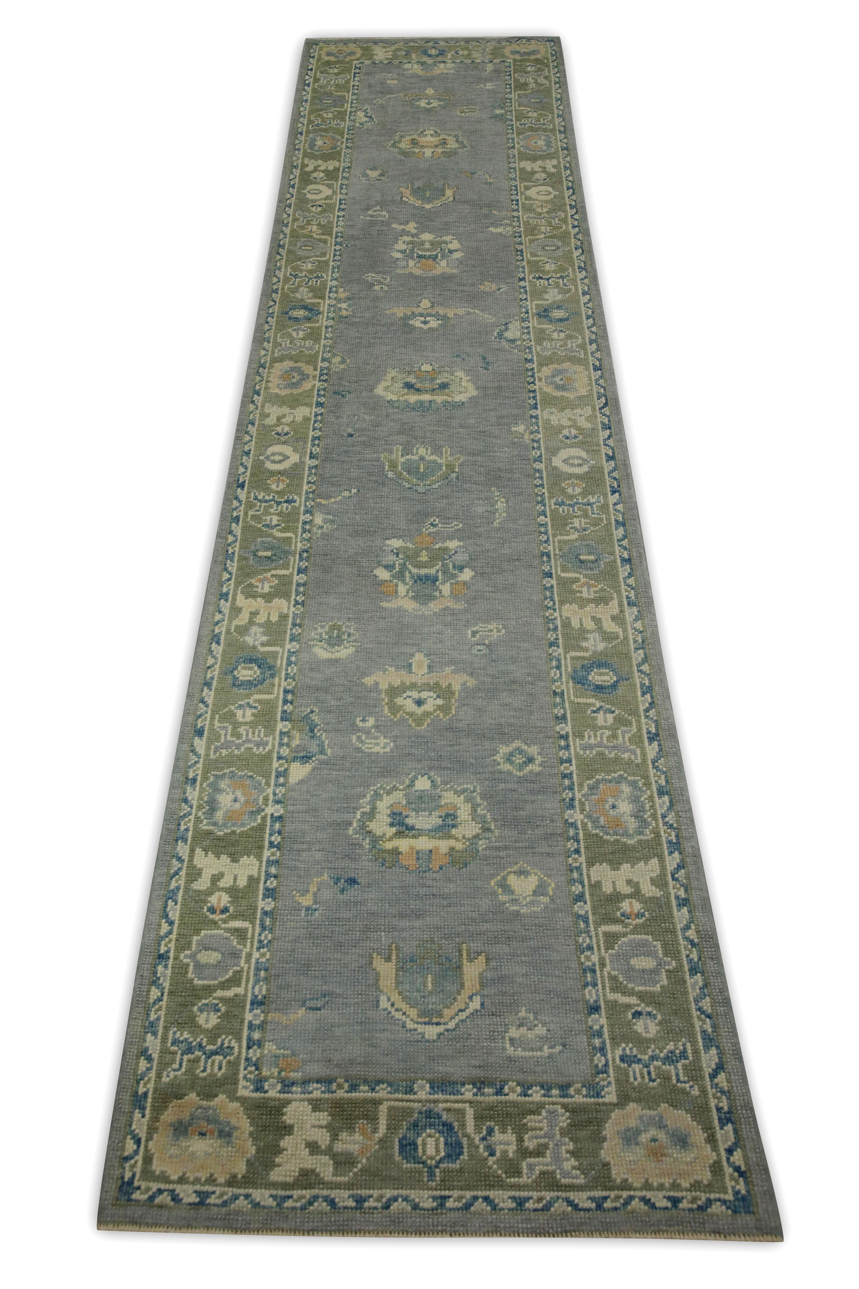 Contemporary Blue & Green Floral Design Handwoven Wool Turkish Oushak Runner For Sale