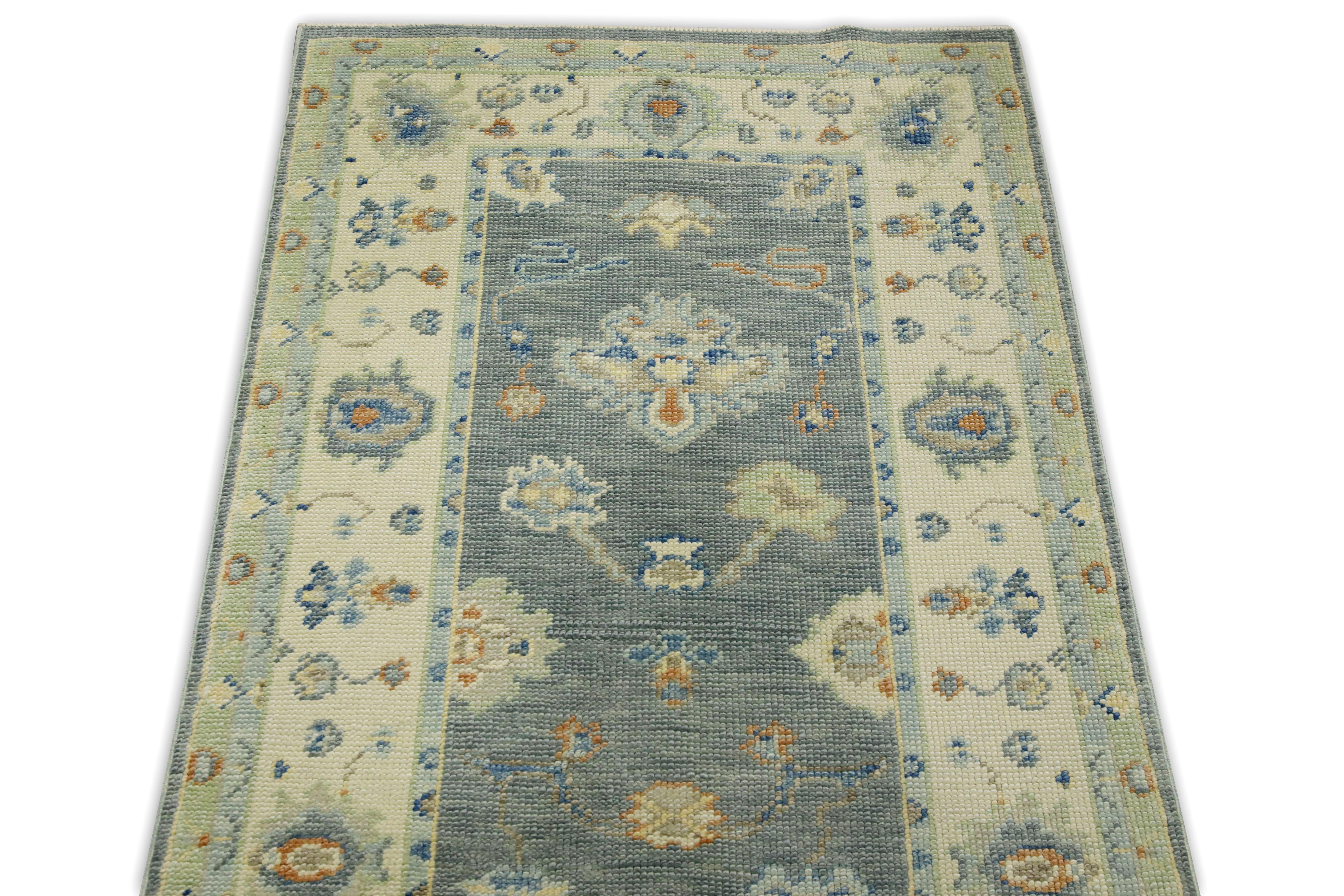 Blue & Green Floral Design Handwoven Wool Turkish Oushak Runner In New Condition For Sale In Houston, TX