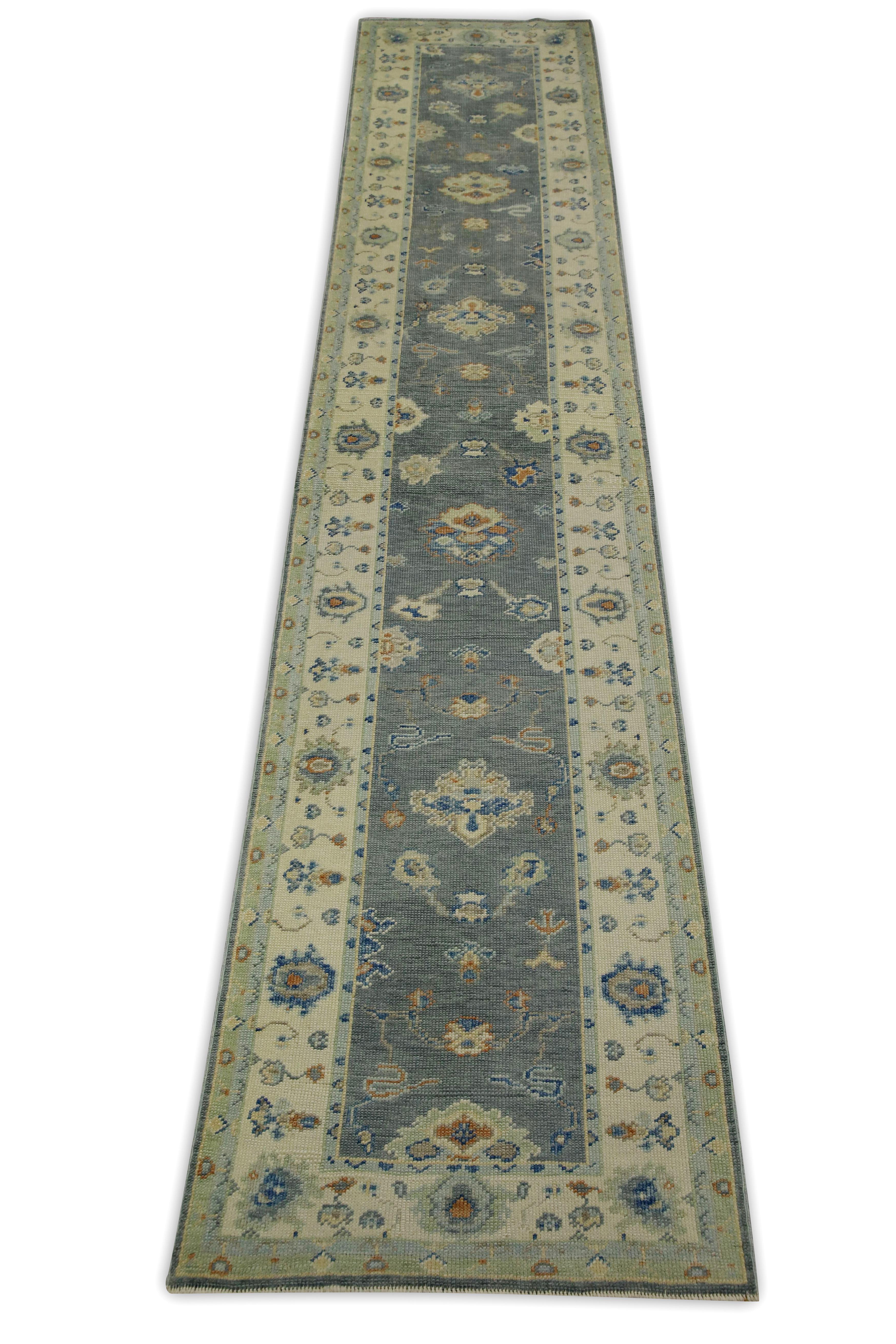 Contemporary Blue & Green Floral Design Handwoven Wool Turkish Oushak Runner For Sale