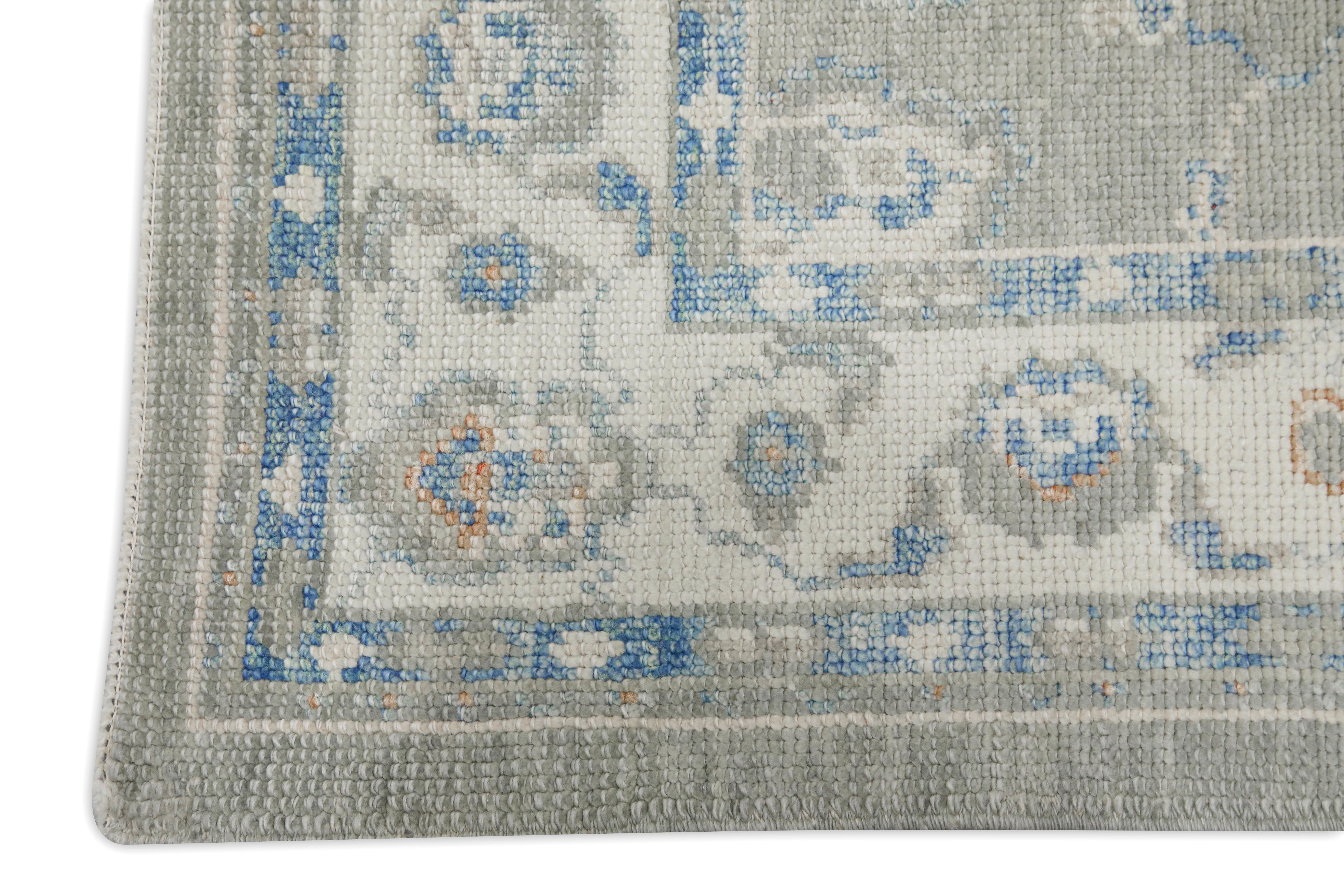 Handgewebter türkischer Oushak-Läufer aus Wolle in Blau & Grün mit Blumenmuster 3' X 15'1