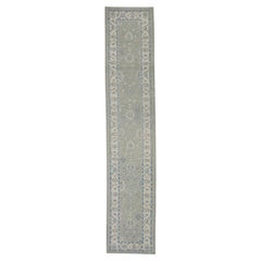 Tapis de couloir turc Oushak en laine tissé à la main à motifs floraux bleus et verts, 3' X 15'1".