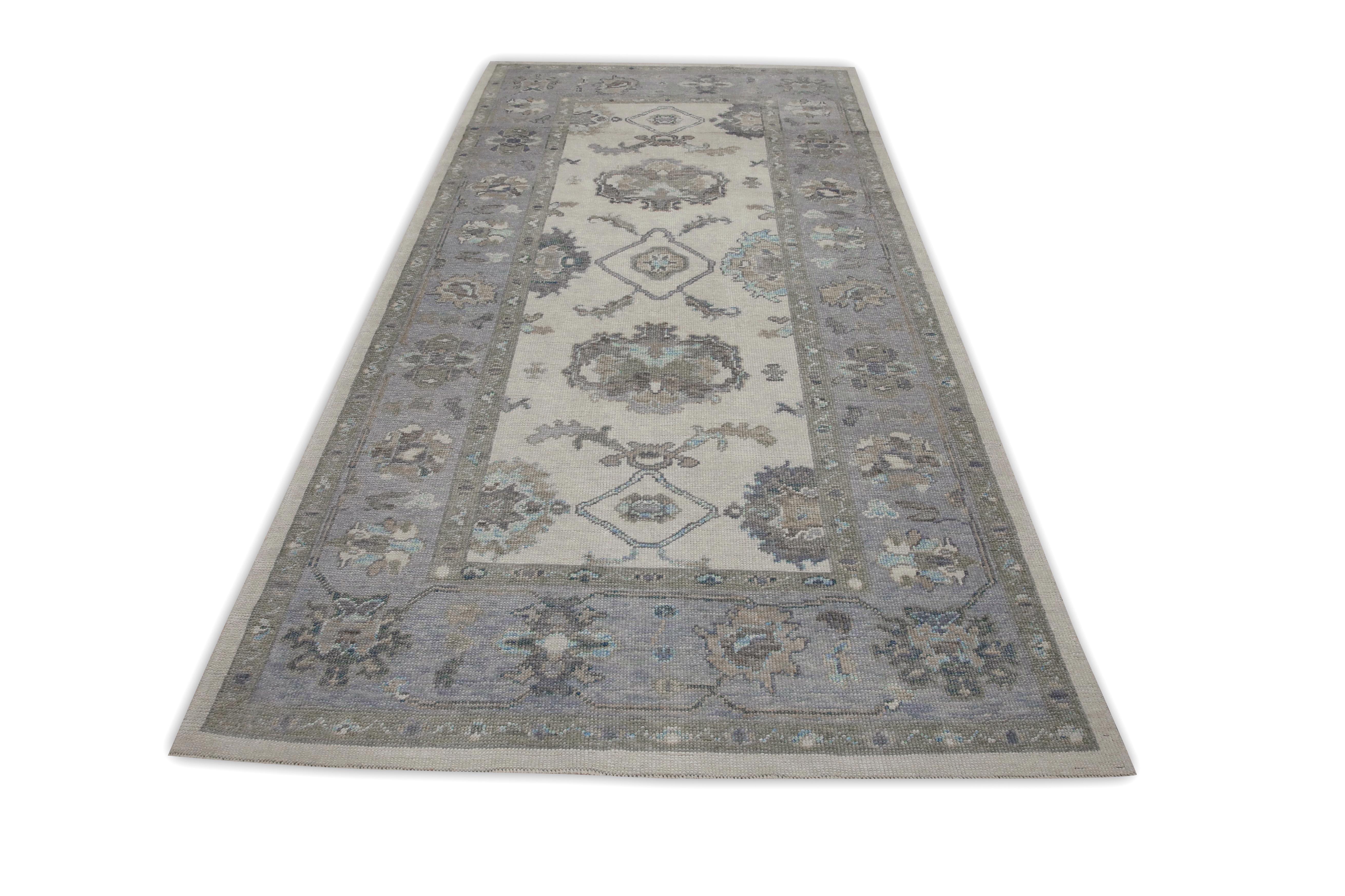 Contemporary Blue & Green Floral Design Handwoven Wool Turkish Oushak Runner 5' X 10' For Sale
