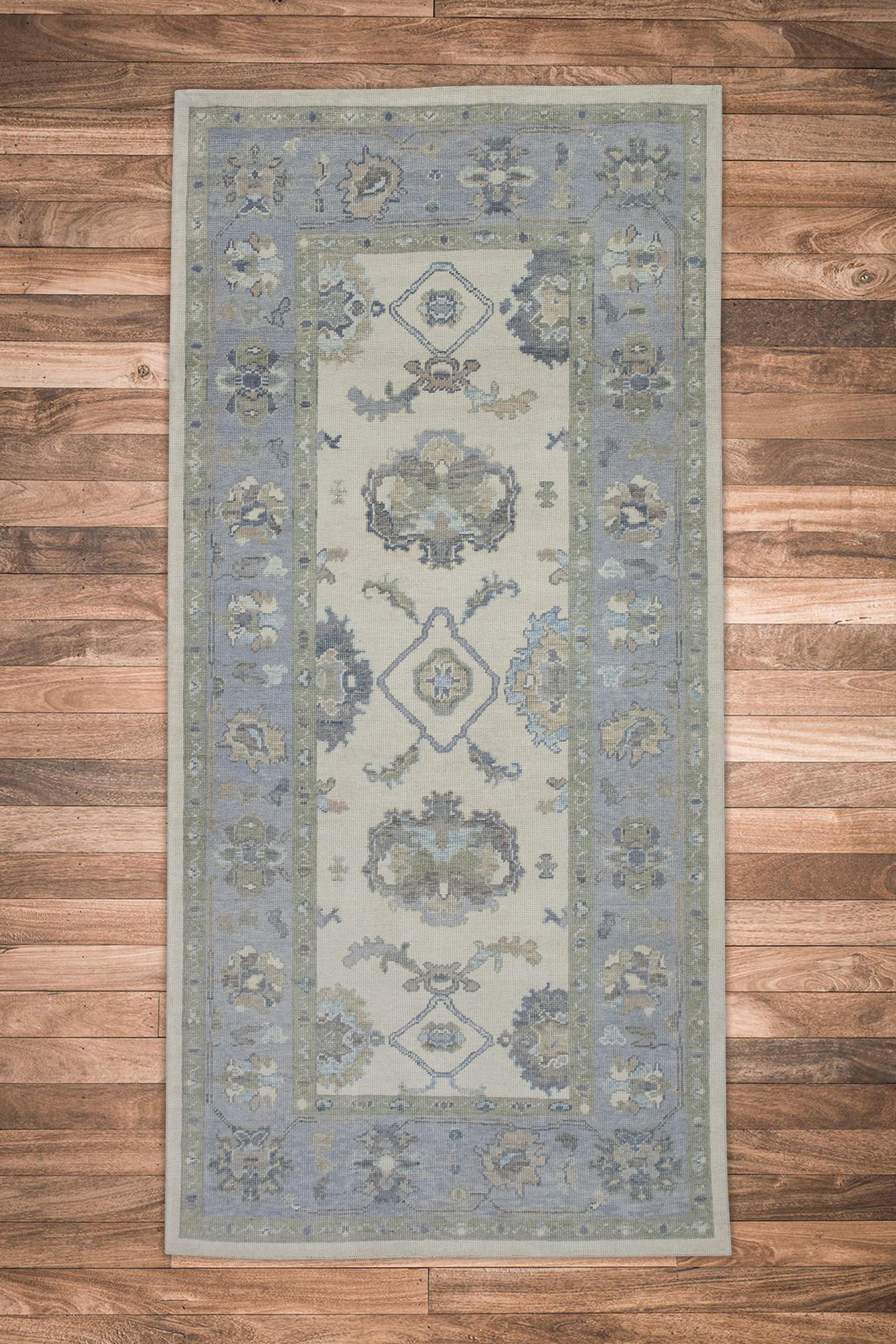 Blue & Green Floral Design Handwoven Wool Turkish Oushak Runner 5' X 10' For Sale 1