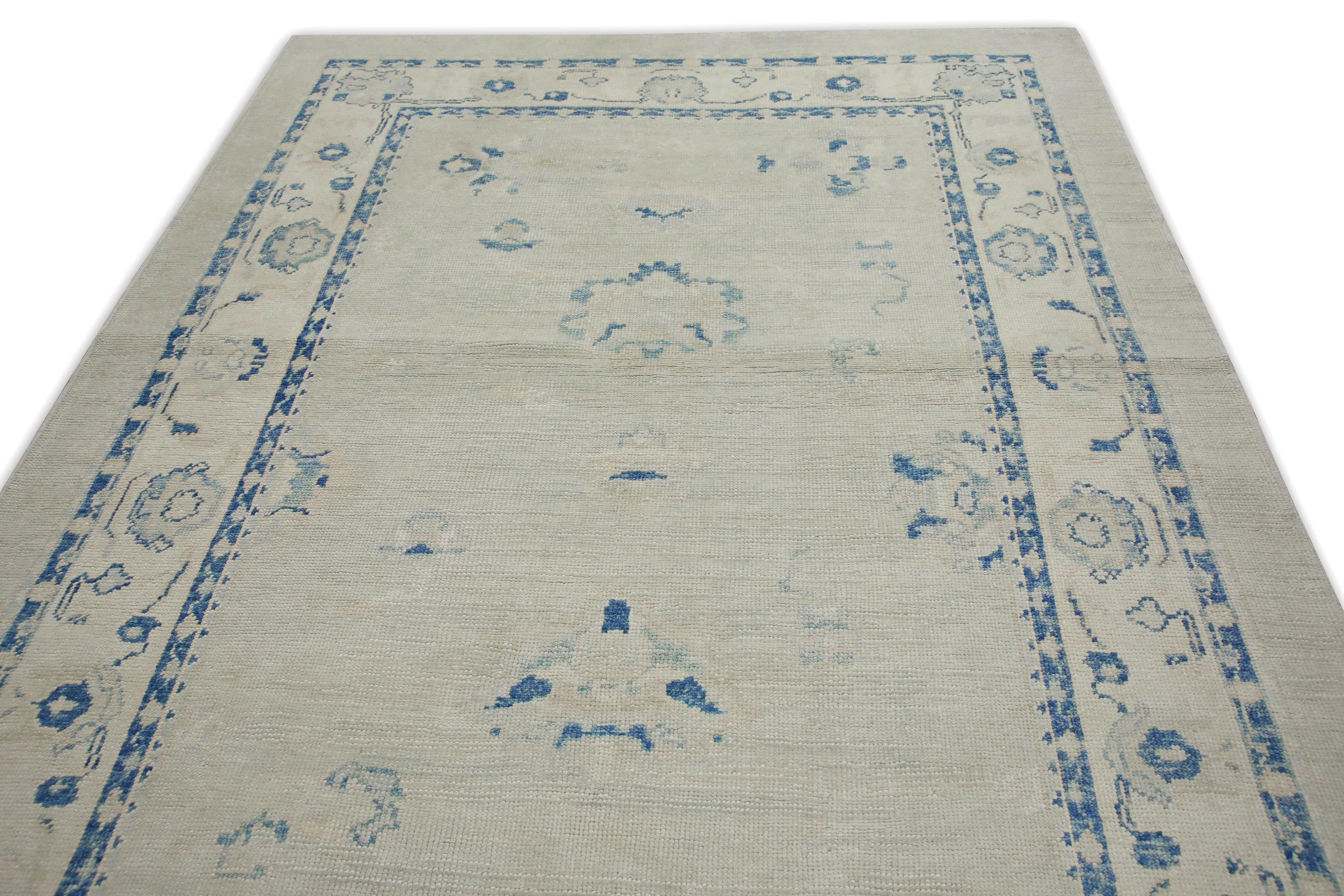 Tintura vegetale Runner Oushak turco in lana intrecciata a mano con disegni floreali blu e verdi 6'5