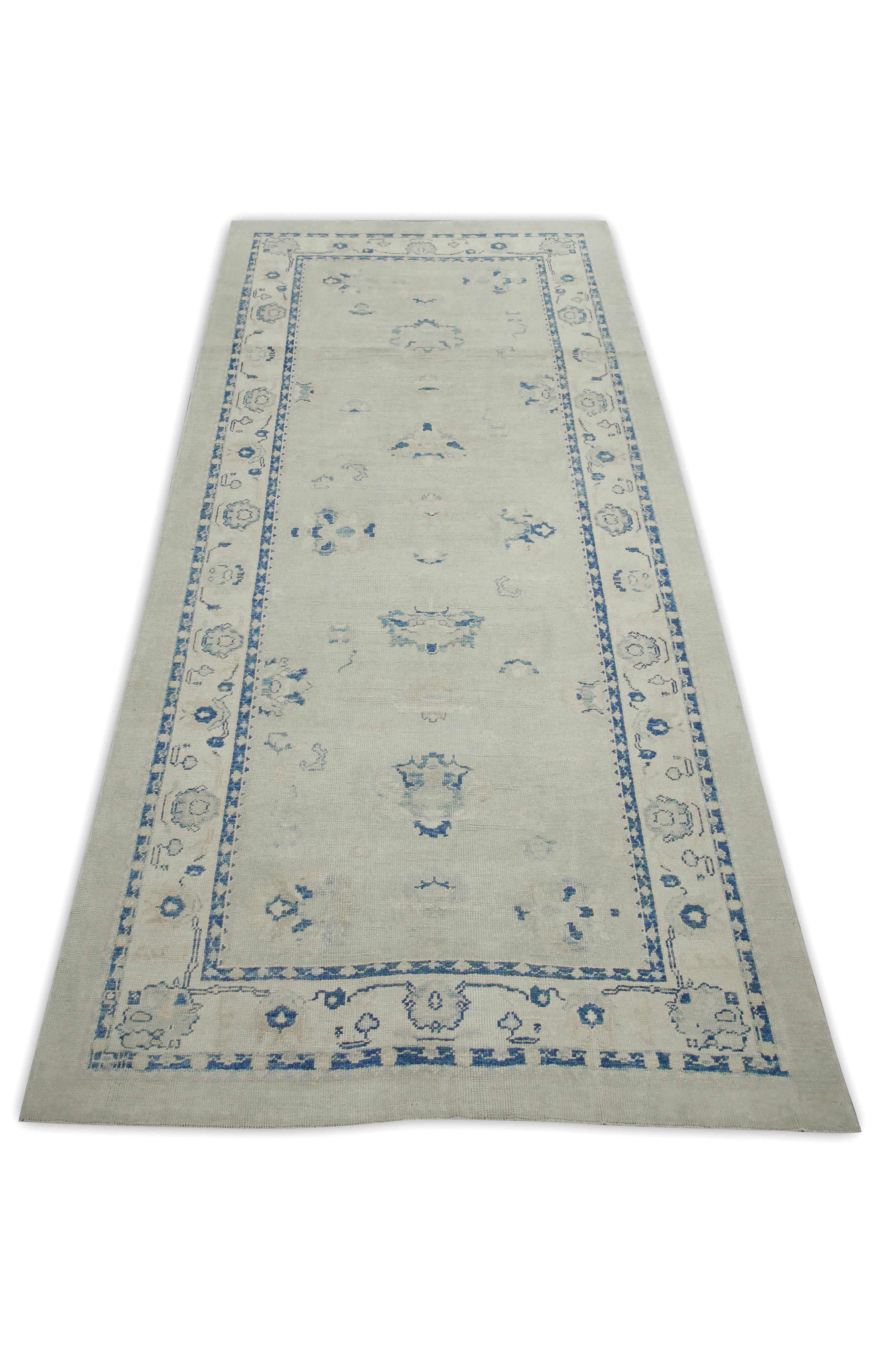 Runner Oushak turco in lana intrecciata a mano con disegni floreali blu e verdi 6'5
