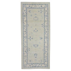 Runner Oushak turco in lana intrecciata a mano con disegni floreali blu e verdi 6'5" X 14'3".