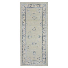 Blue & Green Floral Design Handwoven Wool Turkish Oushak Runner 6'5" X 14'3"