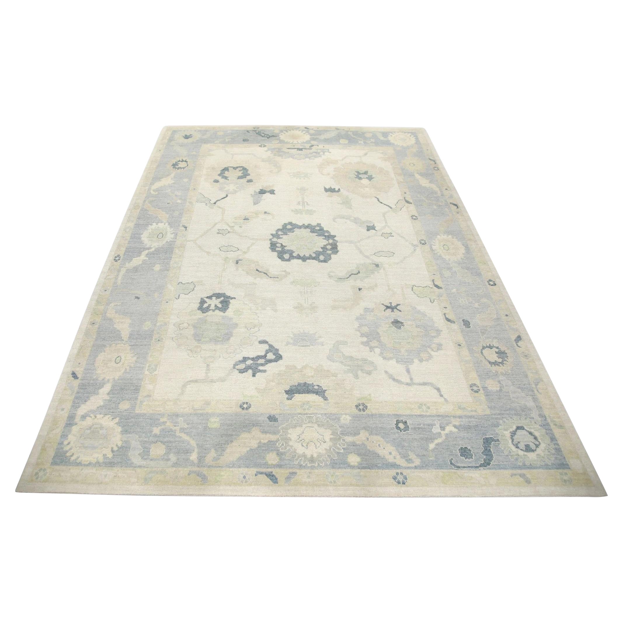 Tappeto in lana Oushak turco fatto a mano con motivi floreali blu e verdi, 10'10" x 14'9" #6846 in vendita