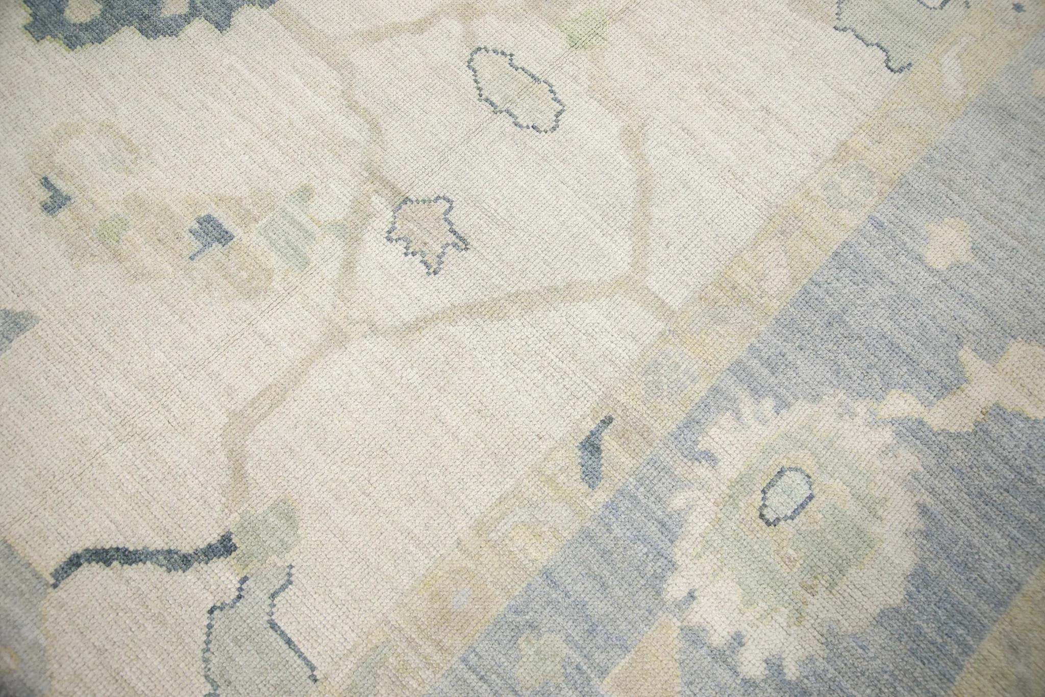 Moderno Tappeto in lana Oushak turco fatto a mano con motivi floreali blu e verdi, 10'10