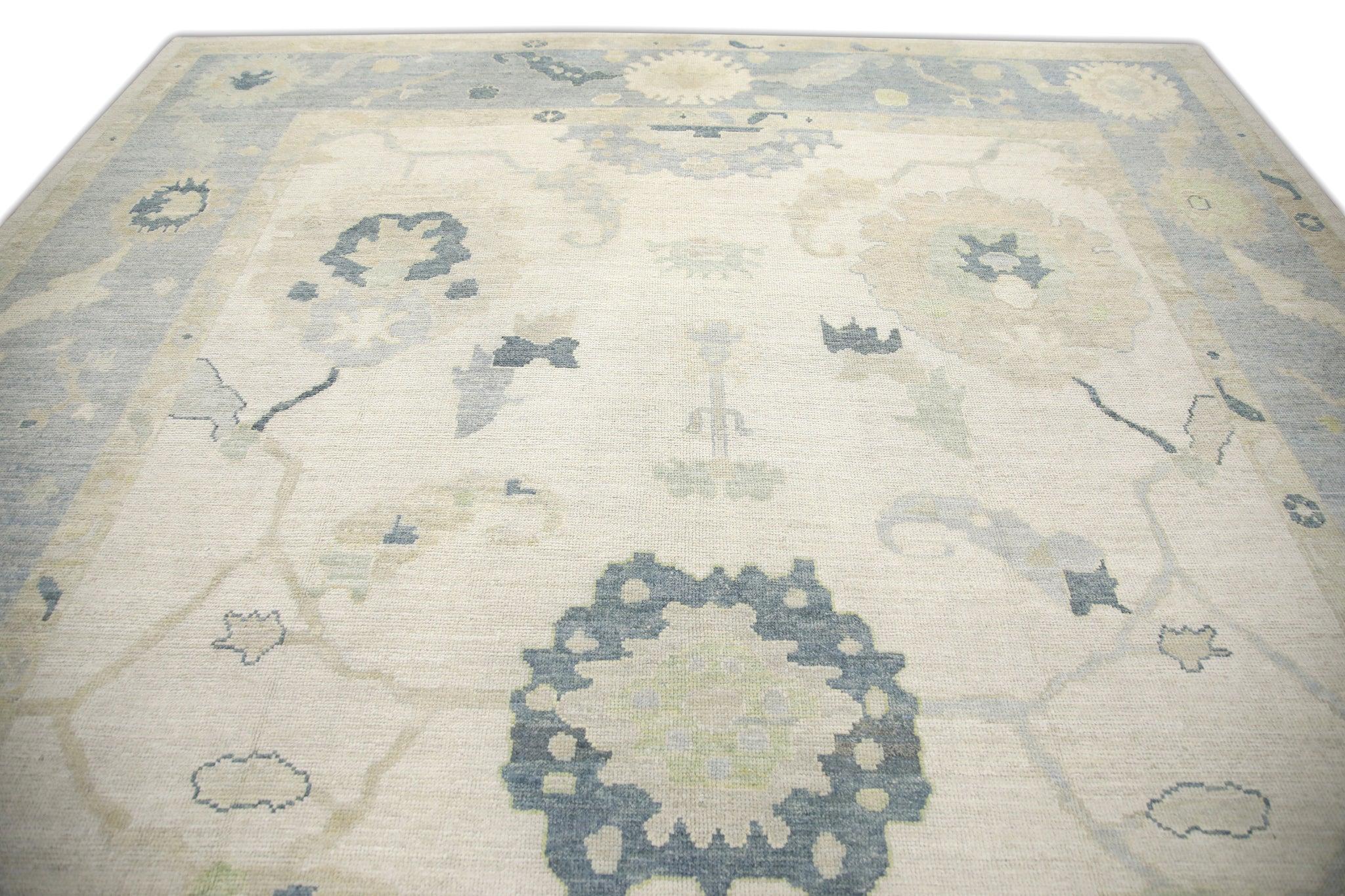 Tintura vegetale Tappeto in lana Oushak turco fatto a mano con motivi floreali blu e verdi, 10'10