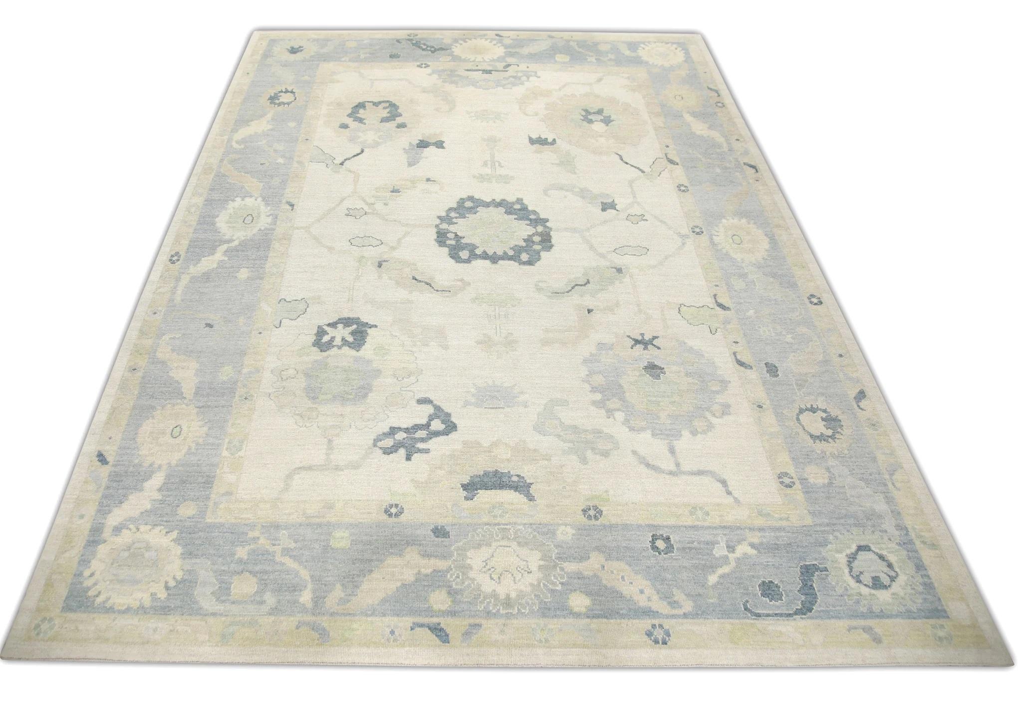 Tappeto in lana Oushak turco fatto a mano con motivi floreali blu e verdi, 10'10