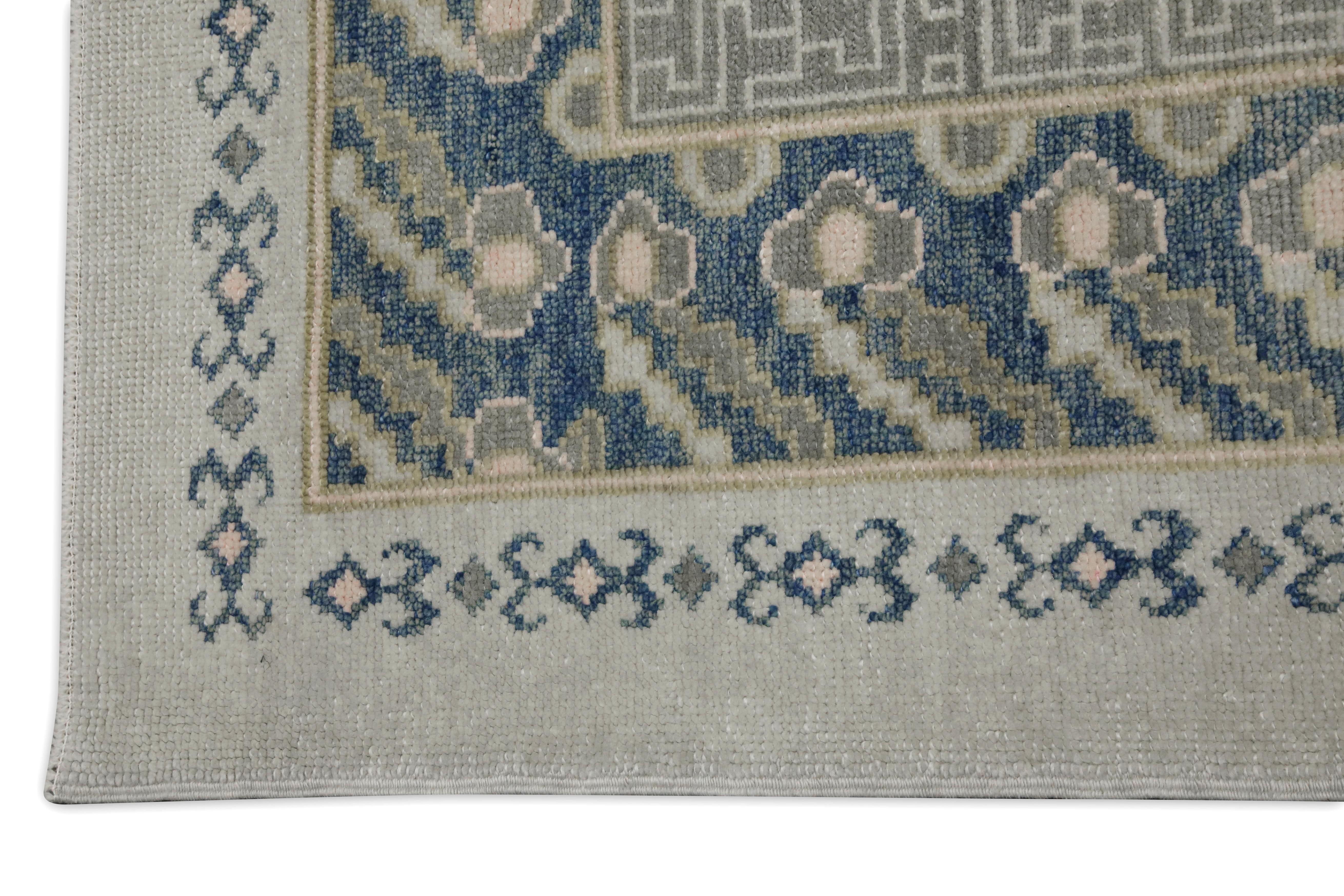Vegetable Dyed Blue & Green Geometric Design Handwoven Wool Turkish Oushak Rug 12'2