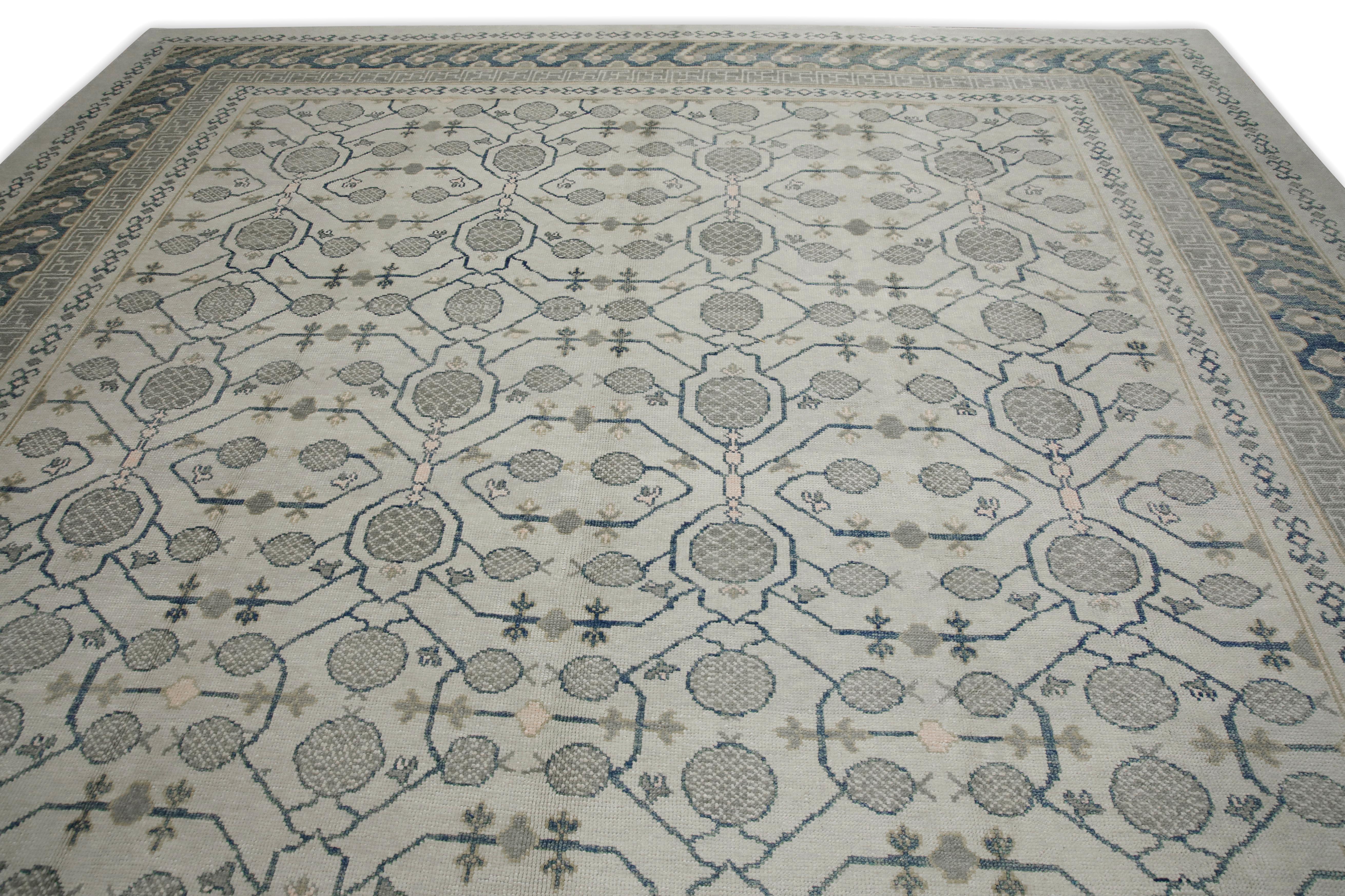 Blue & Green Geometric Design Handwoven Wool Turkish Oushak Rug 12'2