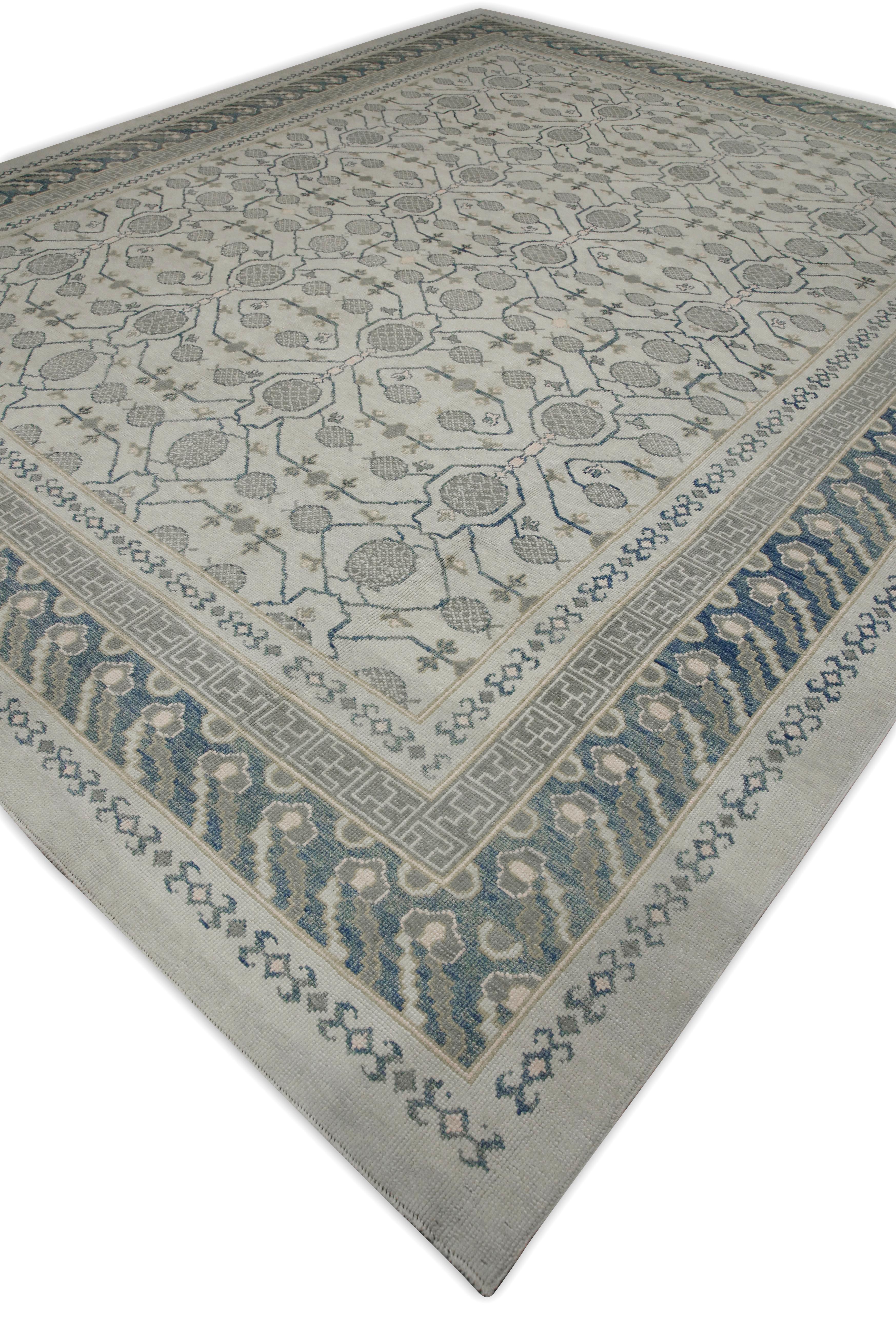 Contemporary Blue & Green Geometric Design Handwoven Wool Turkish Oushak Rug 12'2