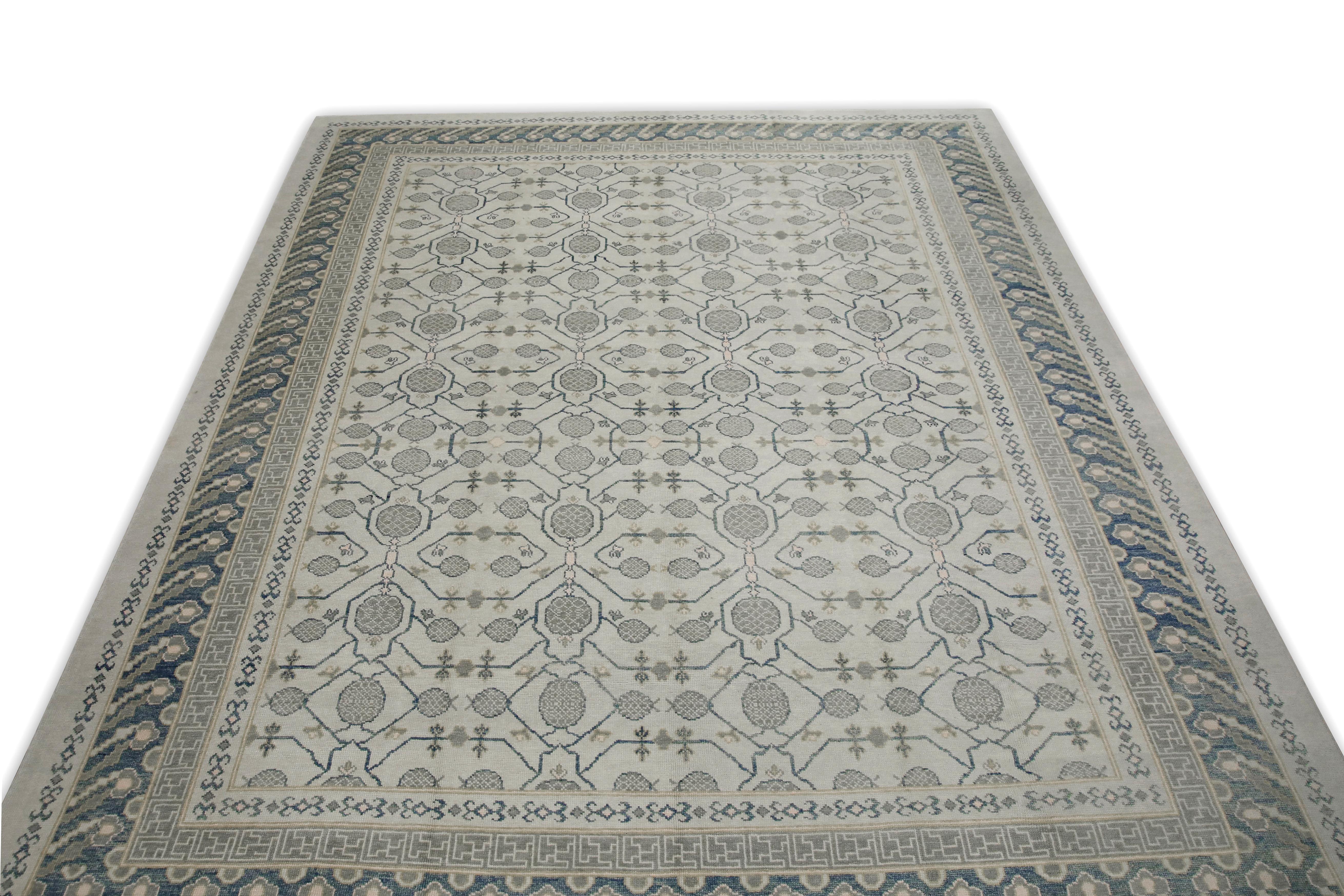 Blue & Green Geometric Design Handwoven Wool Turkish Oushak Rug 12'2