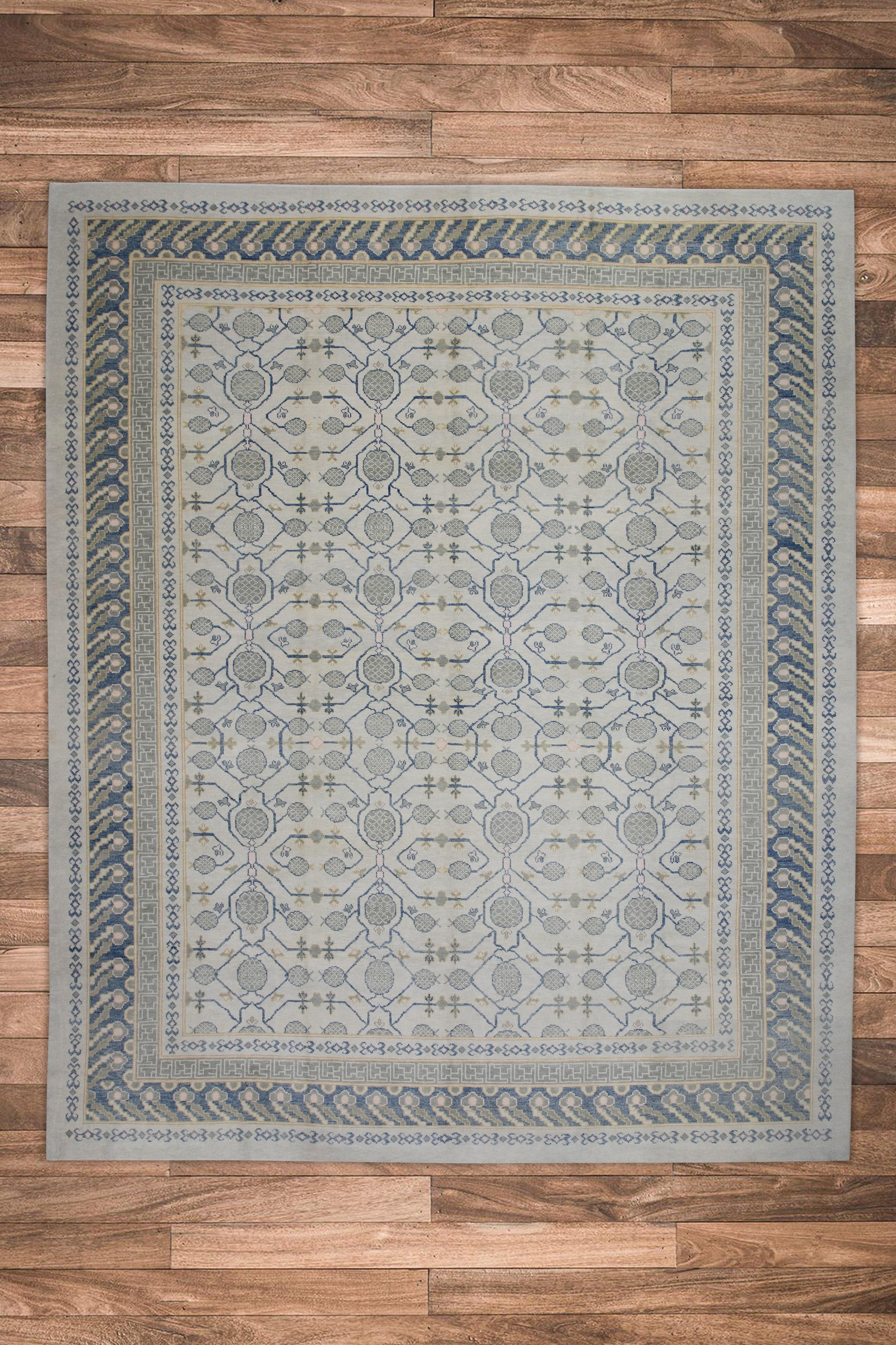 Blue & Green Geometric Design Handwoven Wool Turkish Oushak Rug 12'2