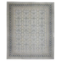 Blue & Green Geometric Design Handwoven Wool Turkish Oushak Rug 12'2" X 14'9"