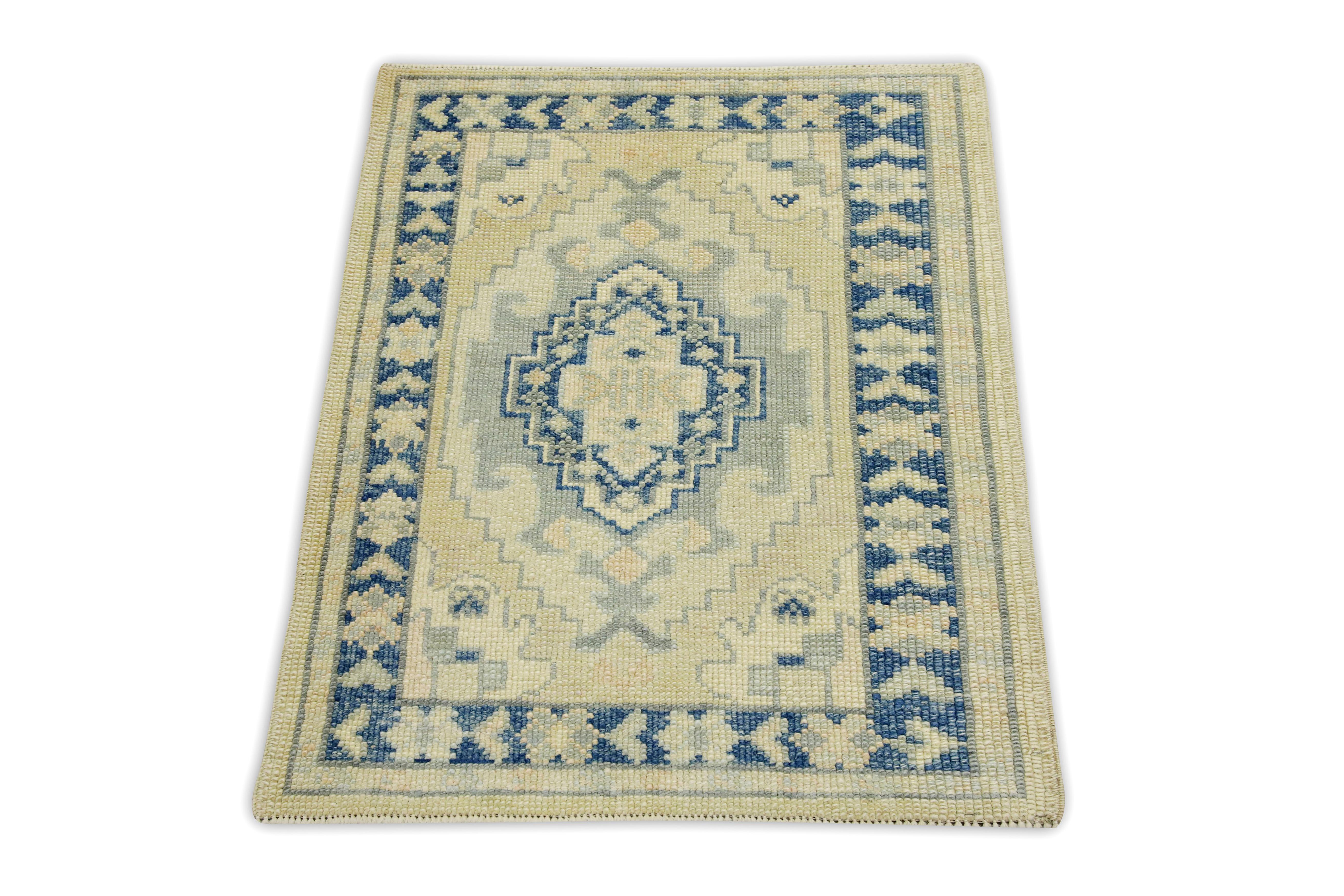 Blue & Green Geometric Design Handwoven Wool Turkish Oushak Rug In New Condition For Sale In Houston, TX