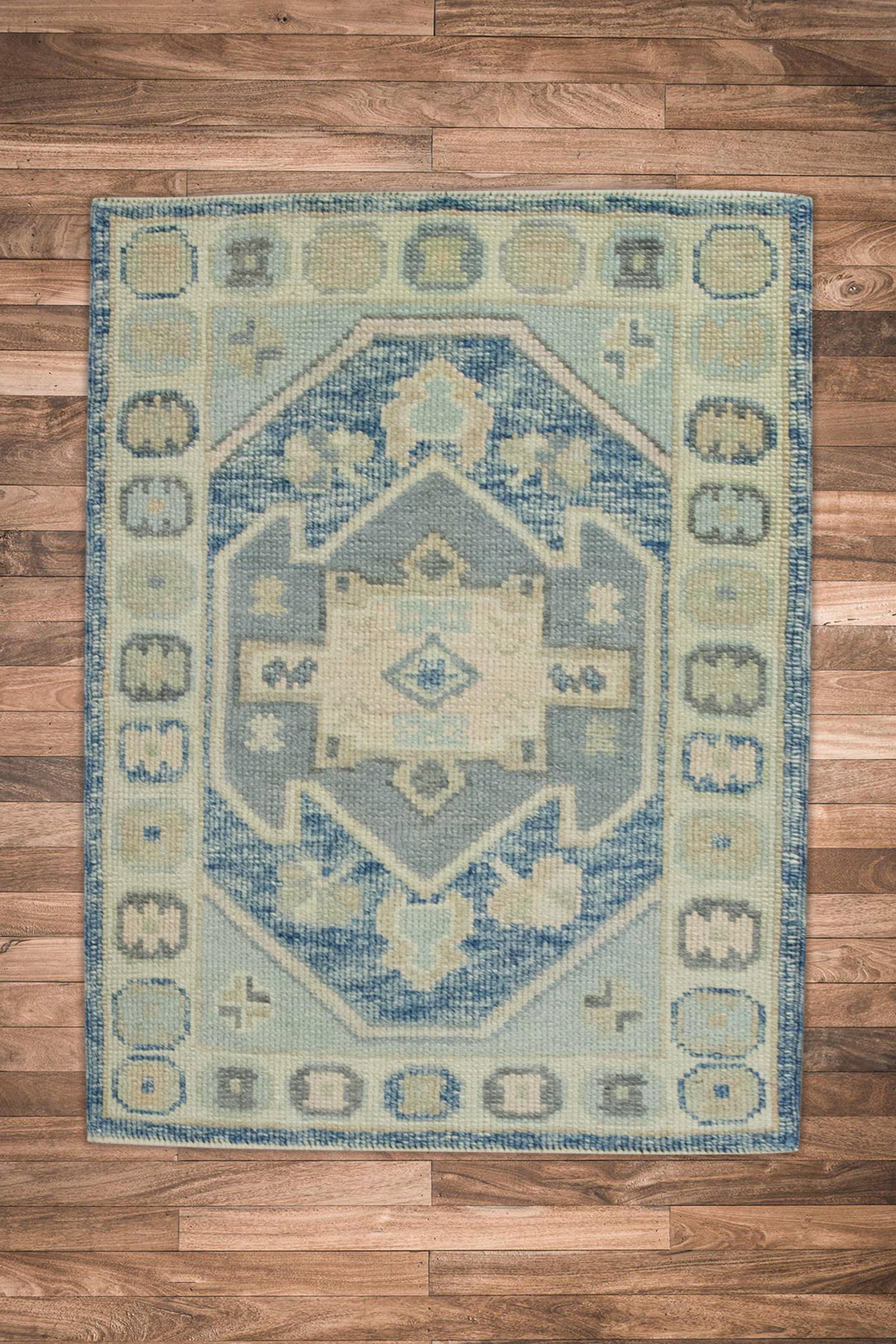 Contemporary Blue & Green Geometric Design Handwoven Wool Turkish Oushak Rug For Sale