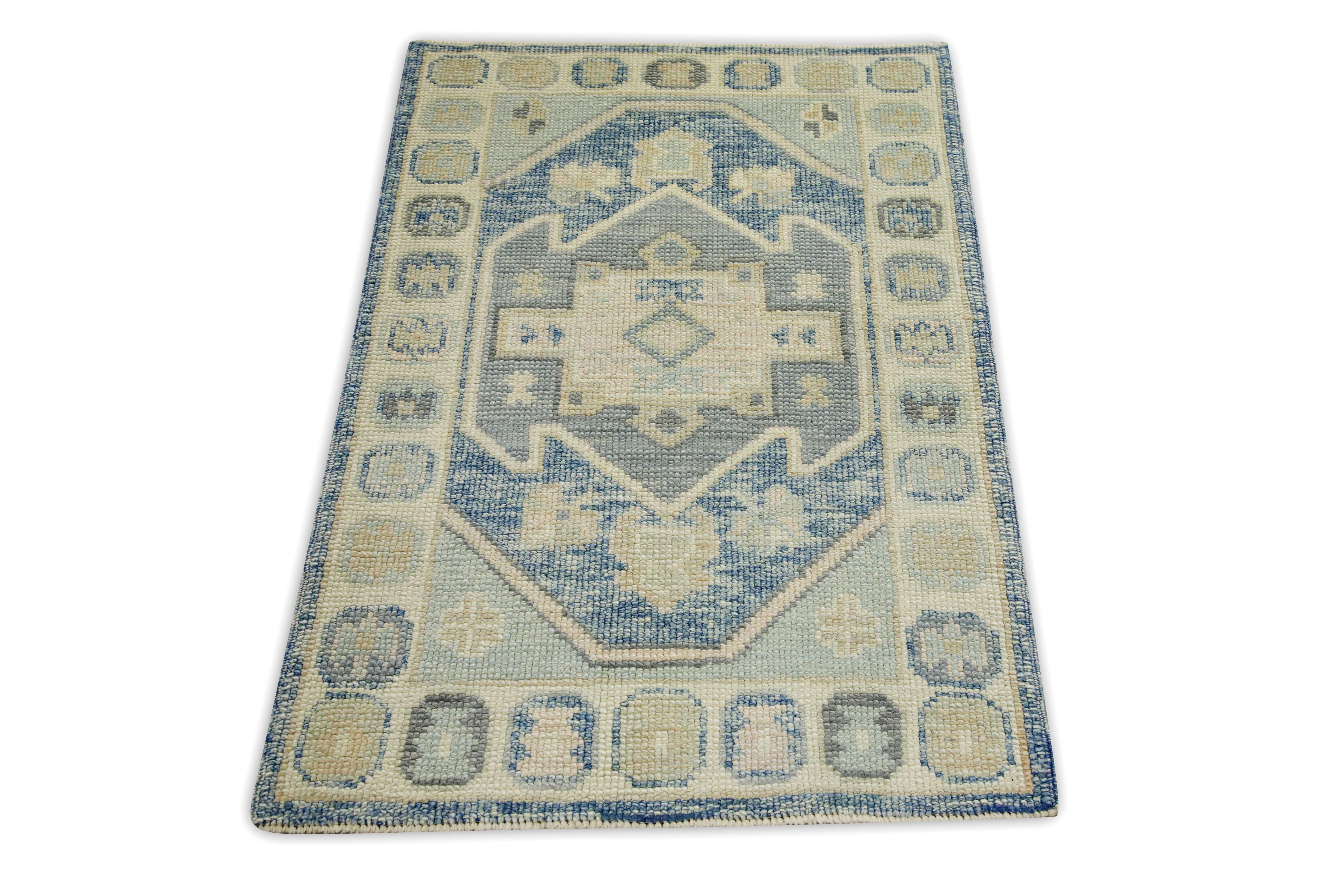 Blue & Green Geometric Design Handwoven Wool Turkish Oushak Rug In New Condition For Sale In Houston, TX