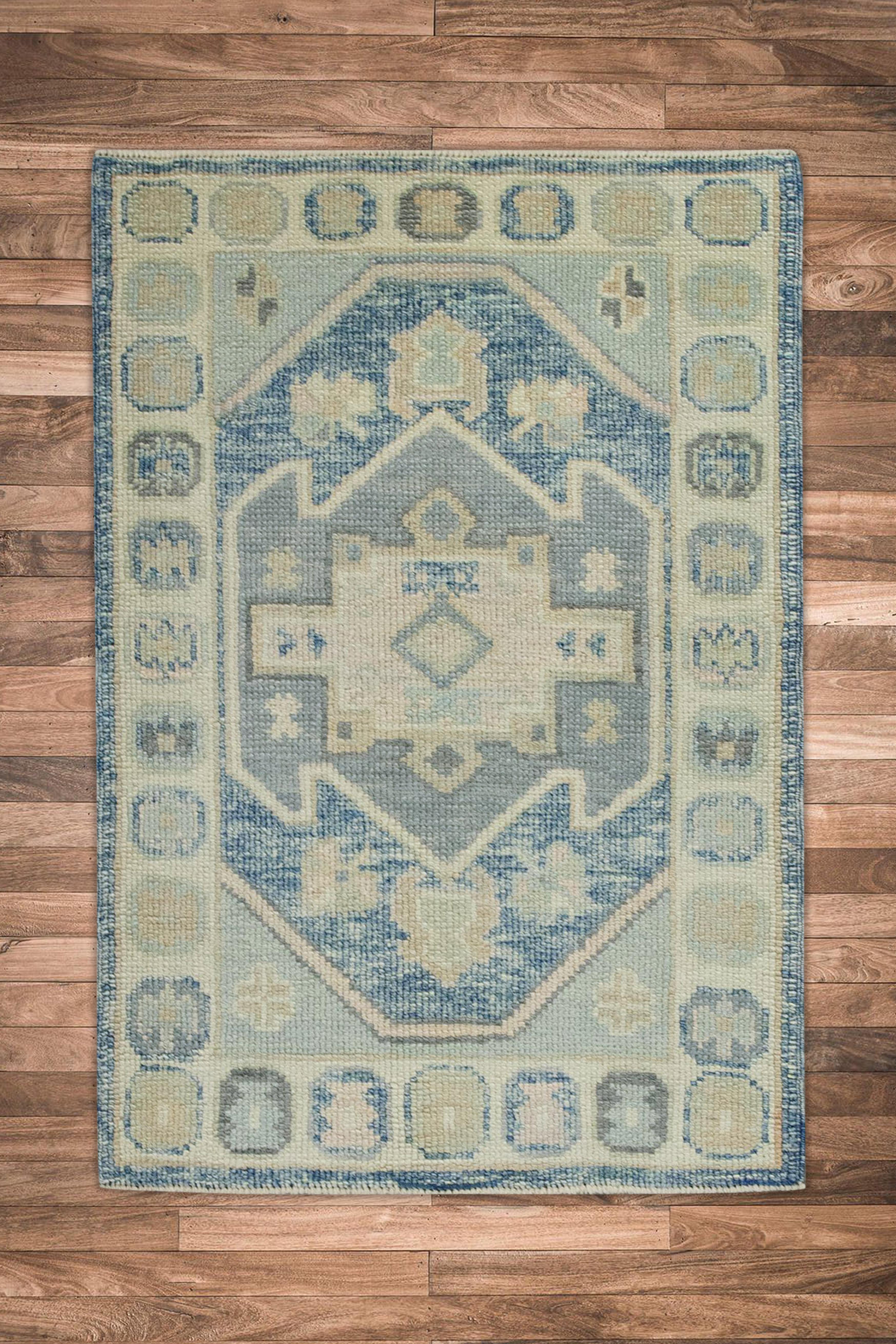 Contemporary Blue & Green Geometric Design Handwoven Wool Turkish Oushak Rug For Sale