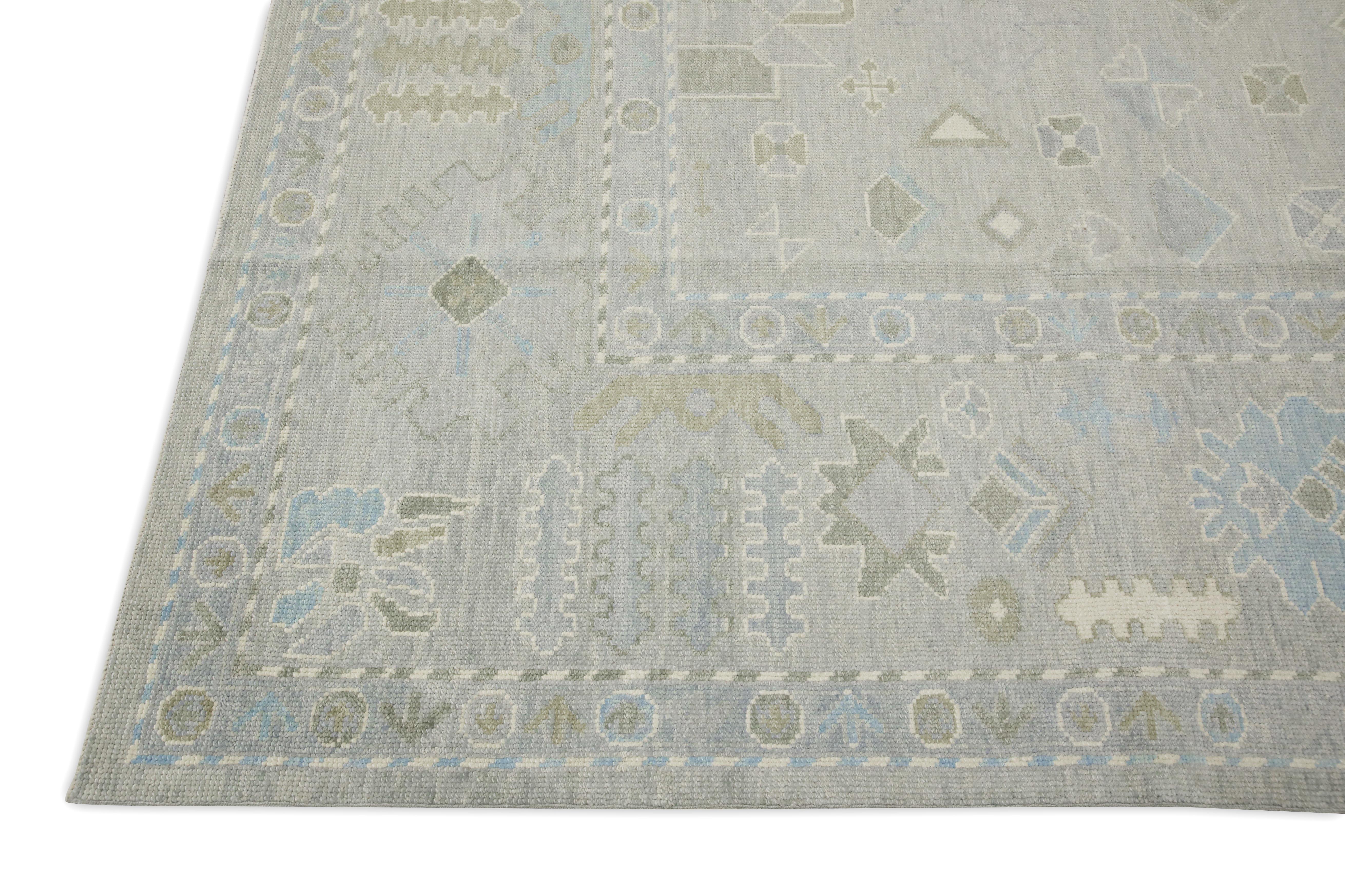 Vegetable Dyed Blue & Green Geometric Design Handwoven Wool Turkish Oushak Rug 9'1