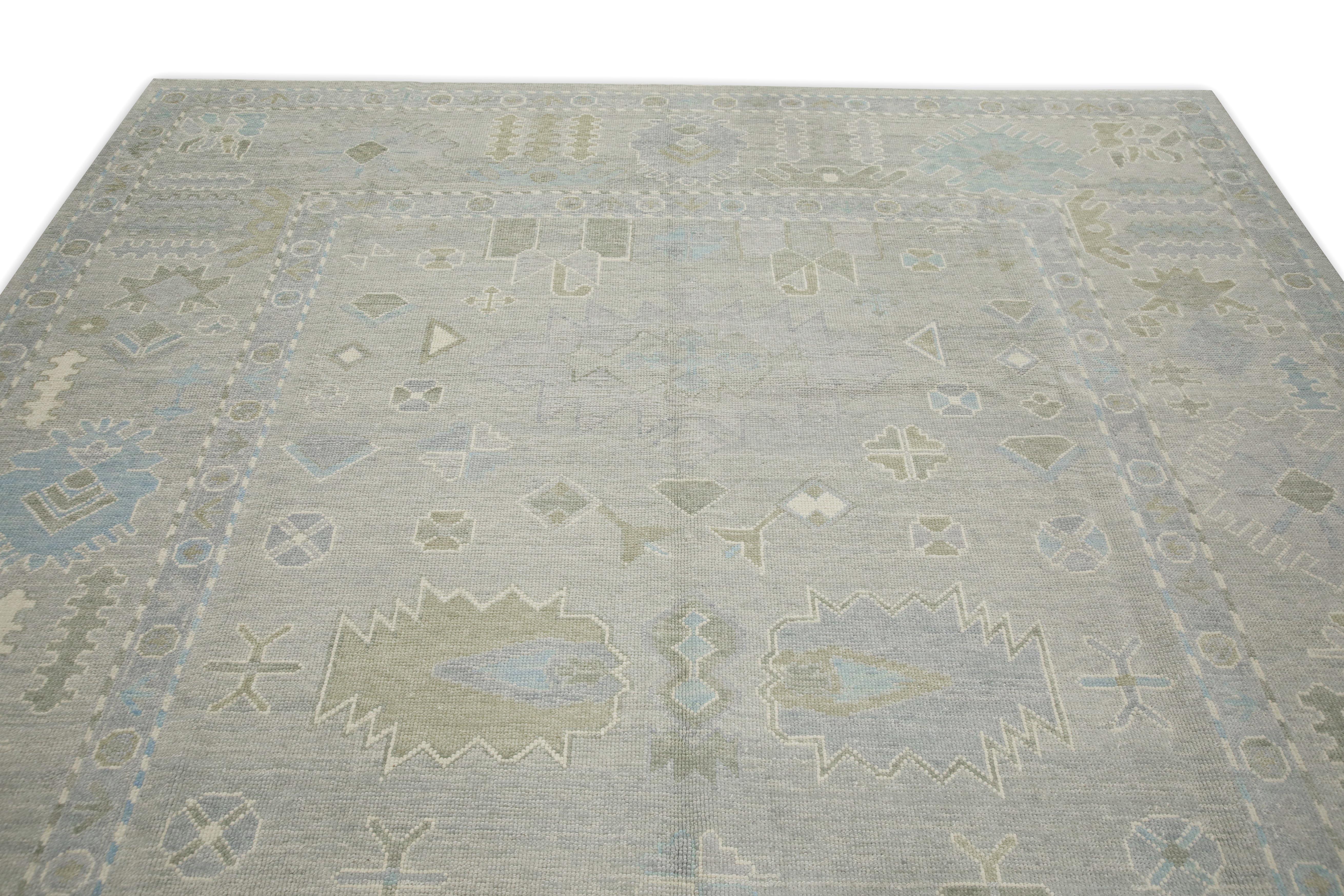 Blue & Green Geometric Design Handwoven Wool Turkish Oushak Rug 9'1