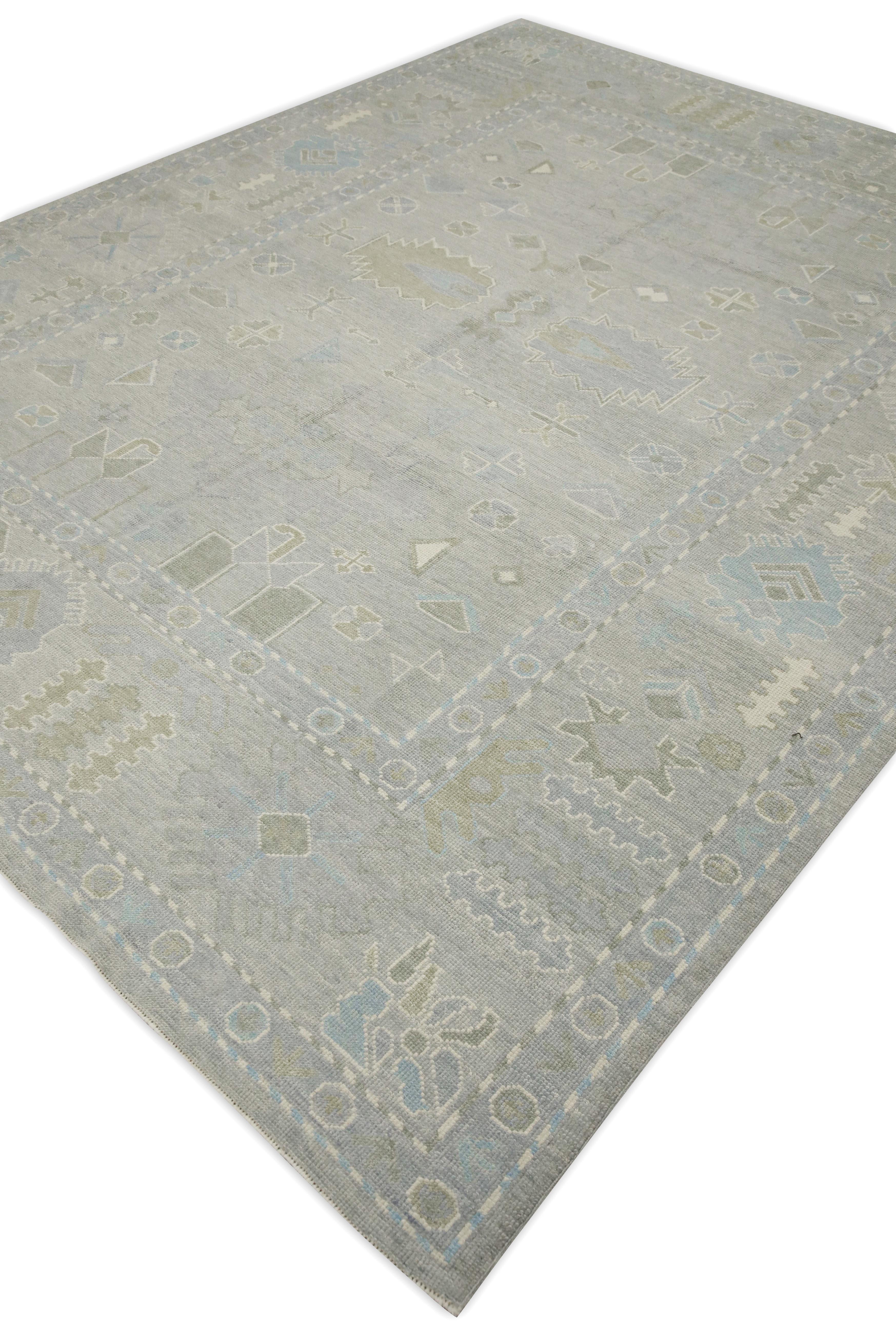 Contemporary Blue & Green Geometric Design Handwoven Wool Turkish Oushak Rug 9'1