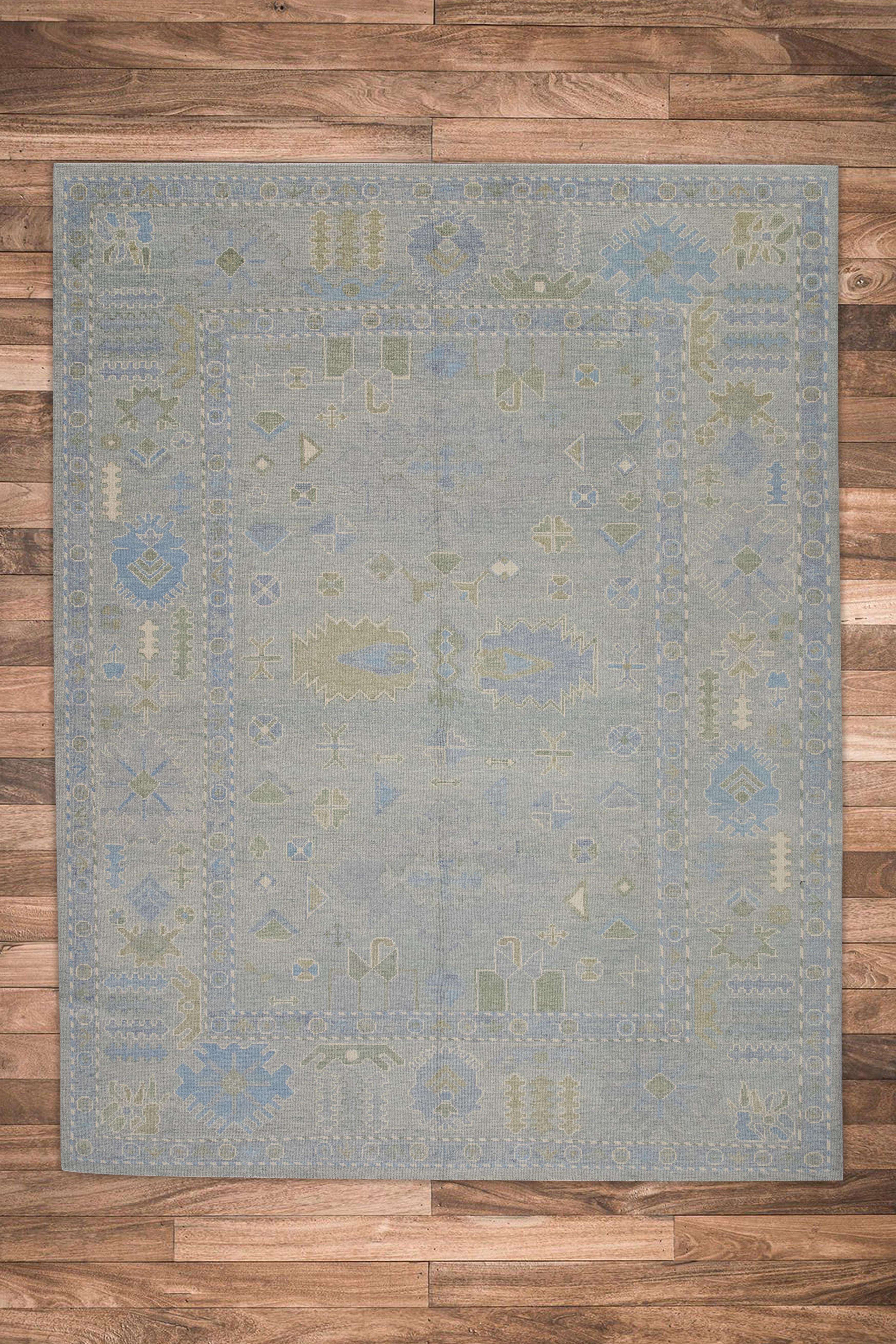 Blue & Green Geometric Design Handwoven Wool Turkish Oushak Rug 9'1