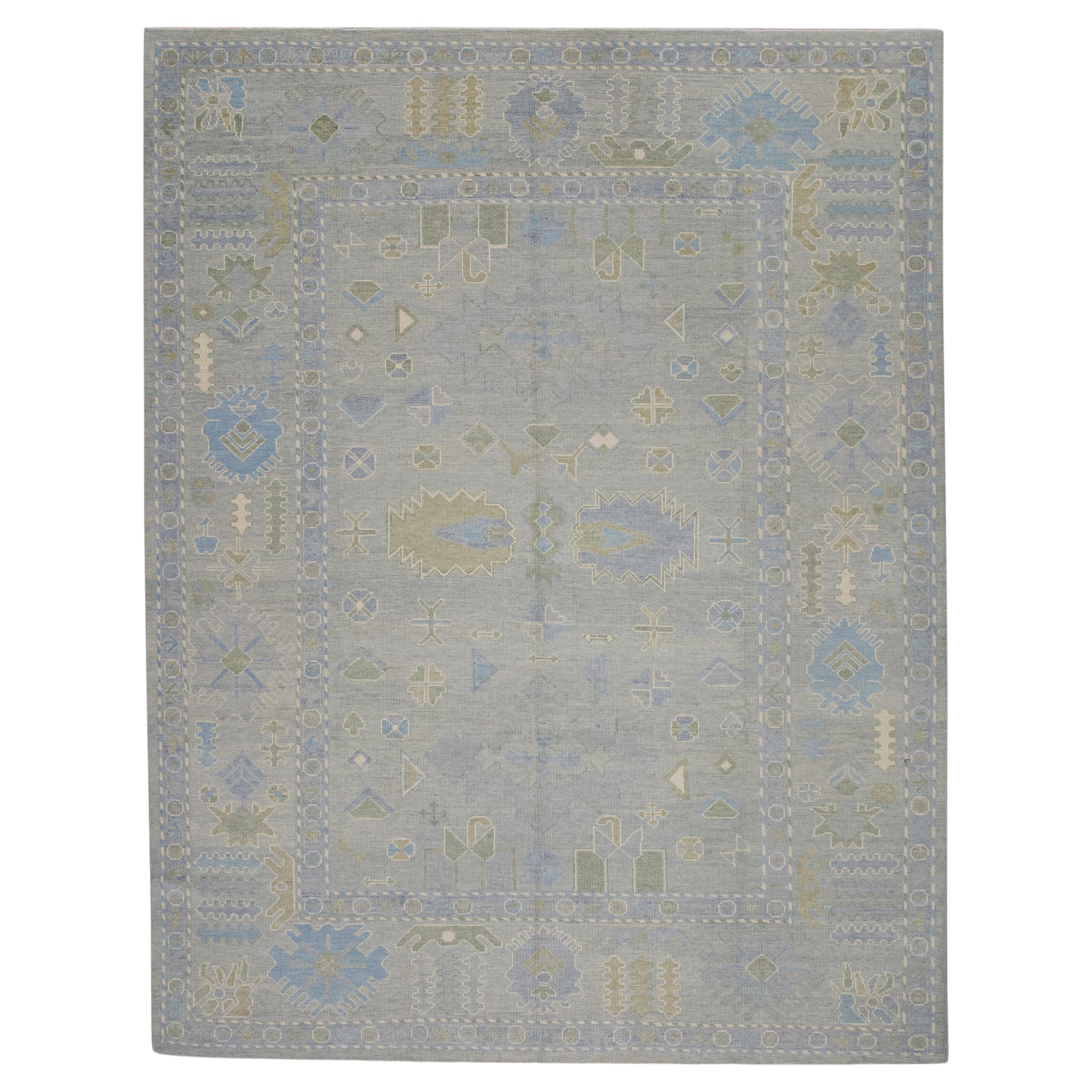 Alfombra Oushak Turca de Lana Tejida a Mano con Diseño Geométrico Azul y Verde 9'1" X 11'6"