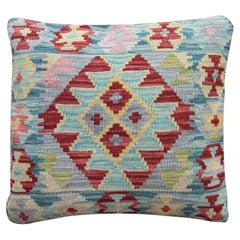 Blue Green Geometric Kilim Cushion Cover Handwoven Oriental Scatter Cushion
