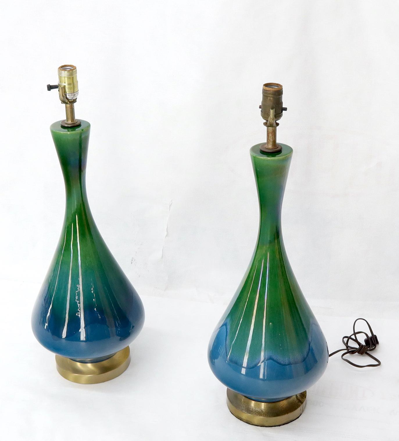 Pair of Mid-Century Modern onion shape blue and green glaze table lamps.