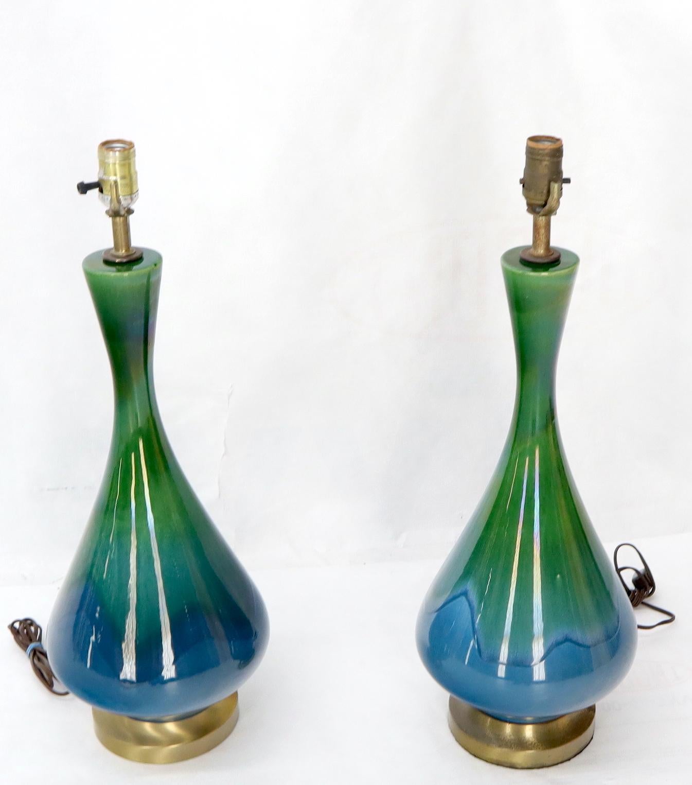 Mid-Century Modern Blue and Green Glaze Onion Shape Pair of Pottery Ceramic of Table Lamps