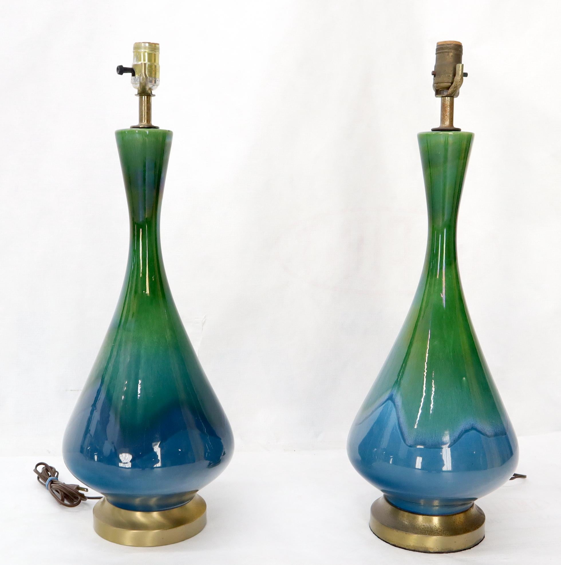 American Blue and Green Glaze Onion Shape Pair of Pottery Ceramic of Table Lamps