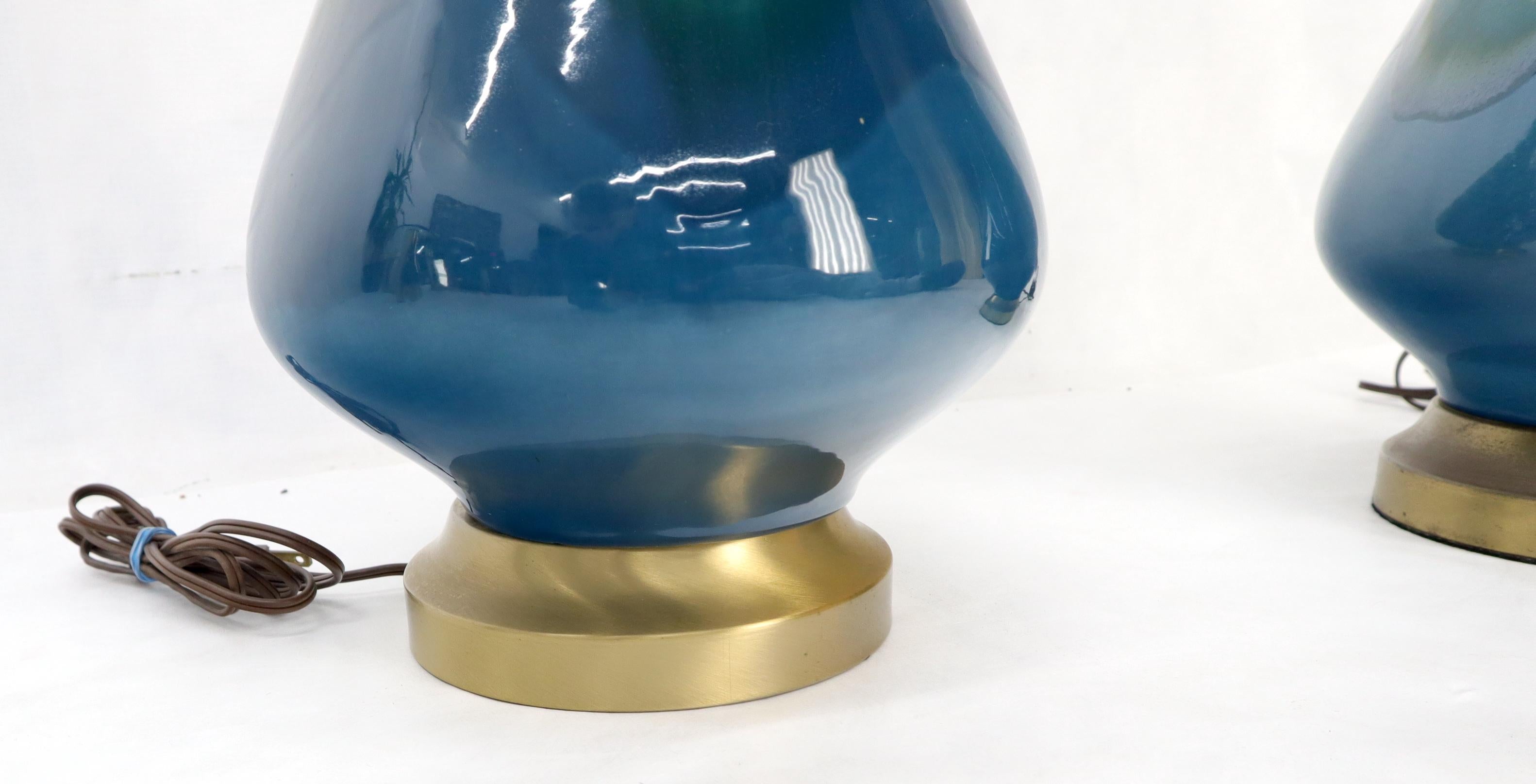 20th Century Blue and Green Glaze Onion Shape Pair of Pottery Ceramic of Table Lamps