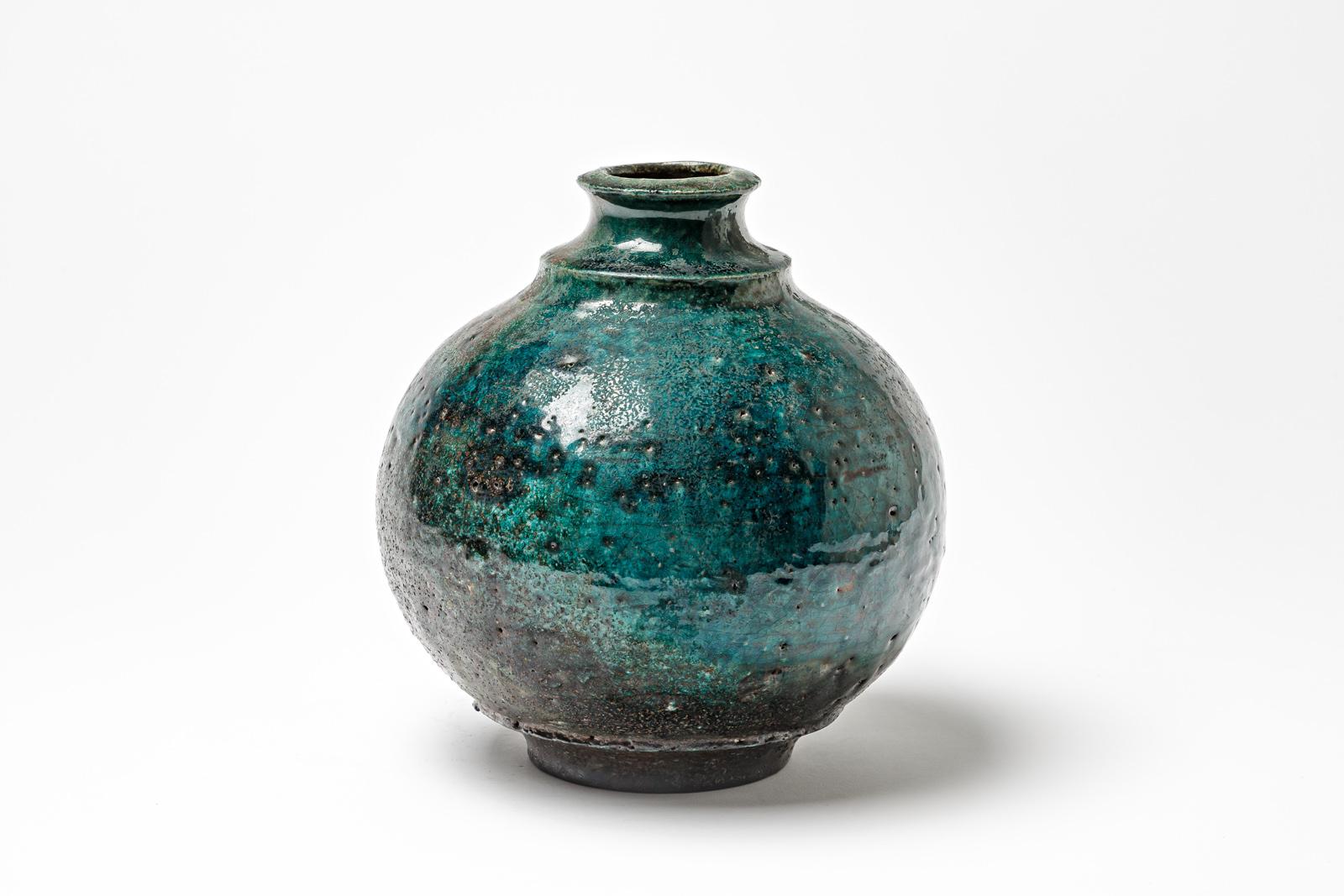 Beaux Arts Blue/green glazed ceramic vase by Gisèle Buthod Garçon, circa 1980-1990 For Sale