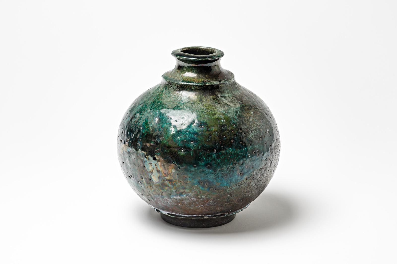 Blue/green glazed ceramic vase by Gisèle Buthod Garçon, circa 1980-1990 In Excellent Condition For Sale In Saint-Ouen, FR