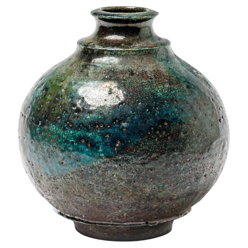 Blau/grün glasierte Keramikvase von Gisèle Buthod-Garçon, um 1980-1990 im Angebot